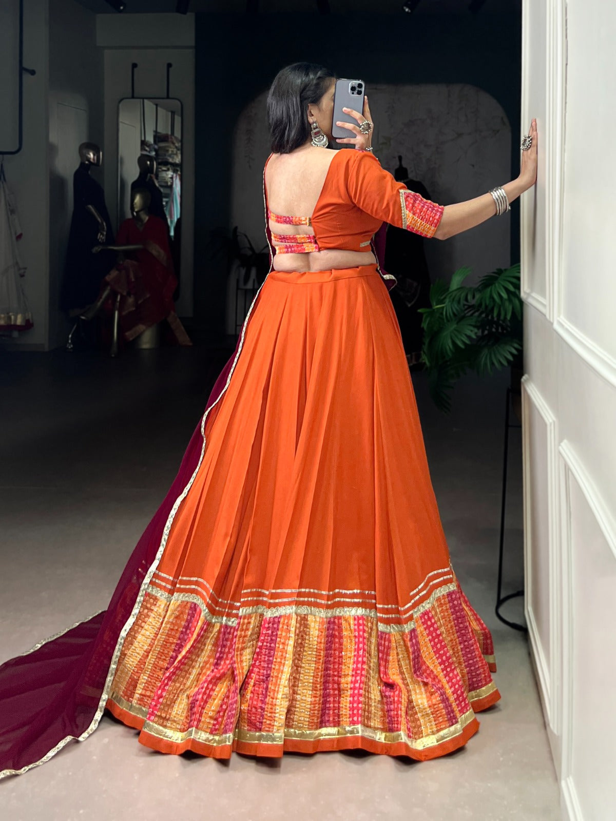 Lorenvalley Fashion Orange Pure Rayon Bandhej Print with Sequins Lace Boarder Lehenga Choli with Dupatta | Swadesiicart