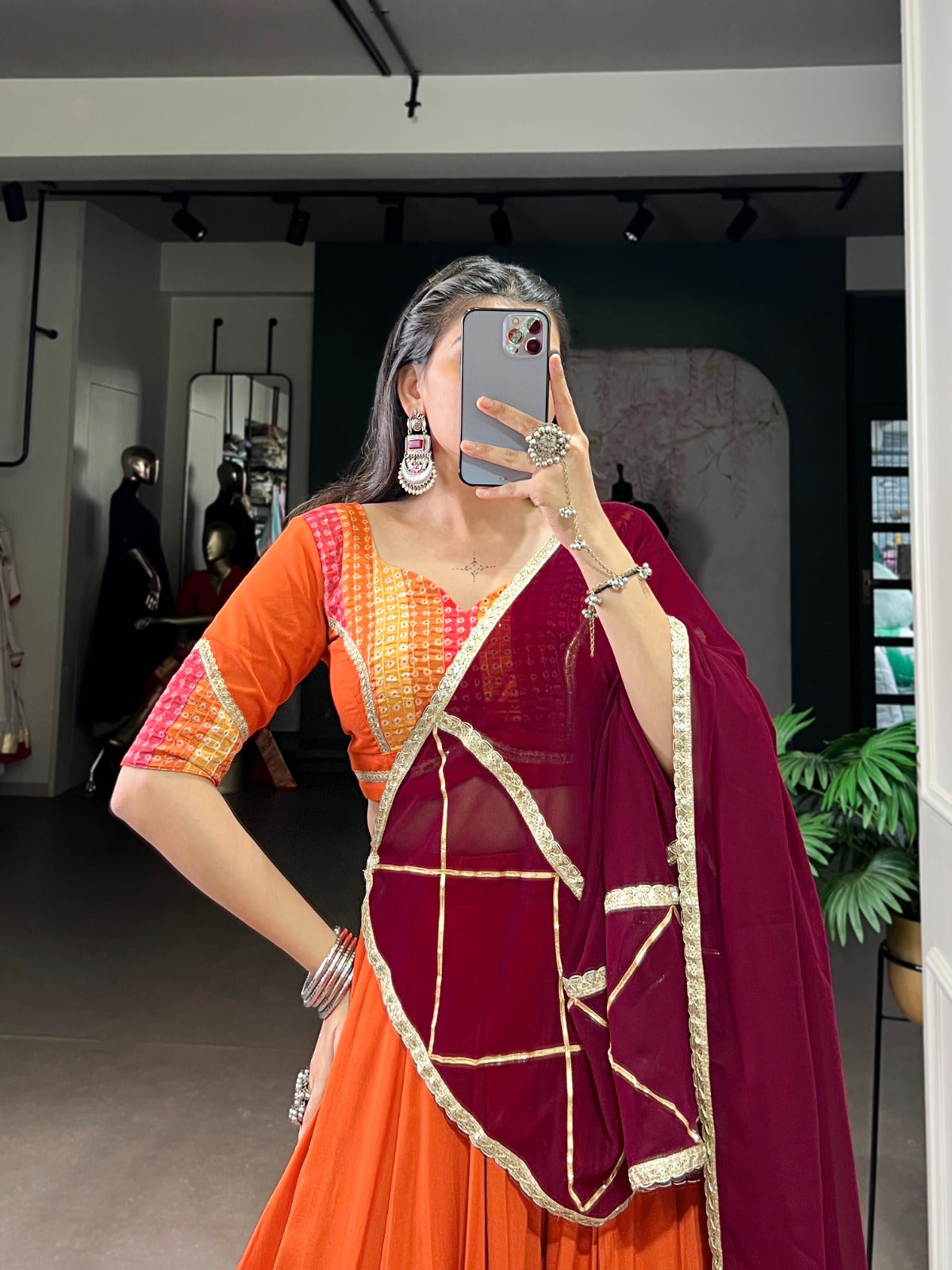 Lorenvalley Fashion Orange Pure Rayon Bandhej Print with Sequins Lace Boarder Lehenga Choli with Dupatta | Swadesiicart