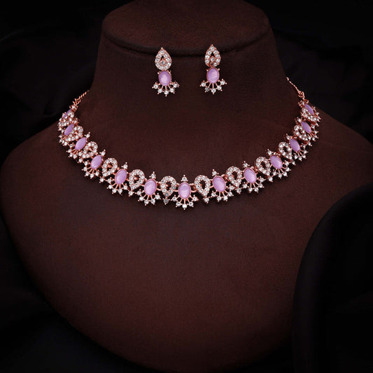 Tehzeeb Creations Lavender Colour Ad Studded Necklace Jewellery Set With Matching Earrings For Women And Girls - Swadesiicart