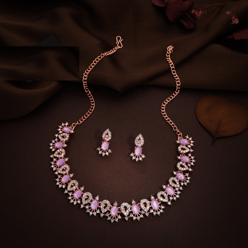 Tehzeeb Creations Lavender Colour Ad Studded Necklace Jewellery Set With Matching Earrings For Women And Girls - Swadesiicart