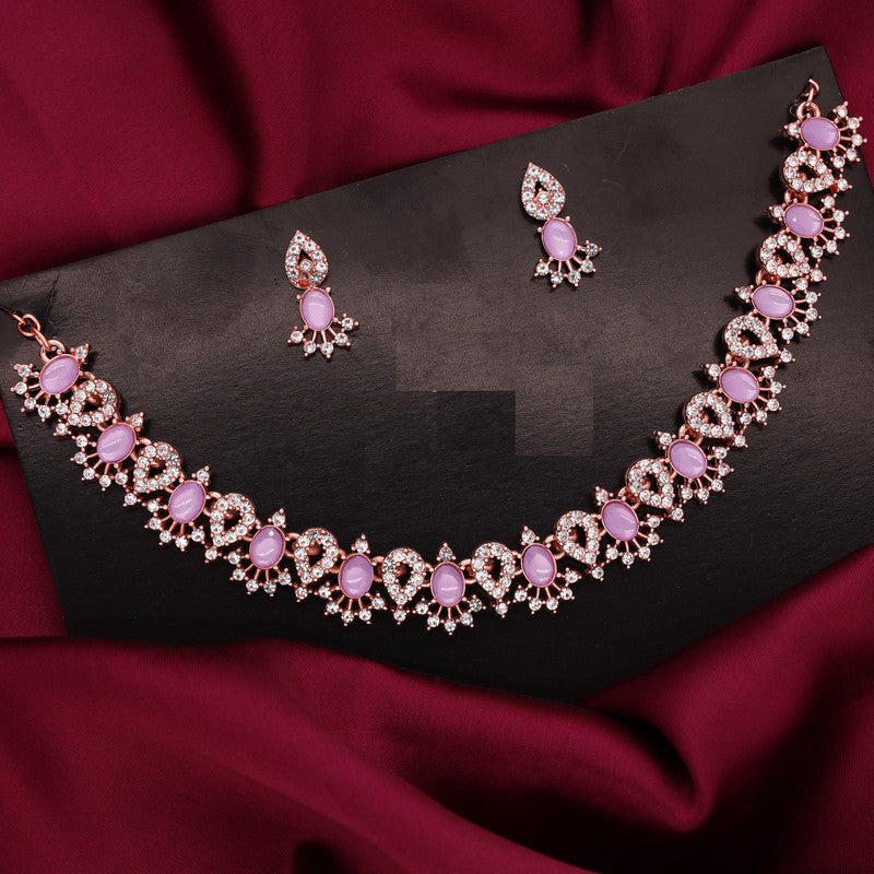 Tehzeeb Creations Lavender Colour Ad Studded Necklace Jewellery Set With Matching Earrings For Women And Girls - Swadesiicart