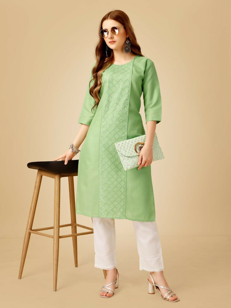 Jyoti Fashion Women's Lime Green Cotton Blend Embroidered Kurta Pant Set | Swadesiicart