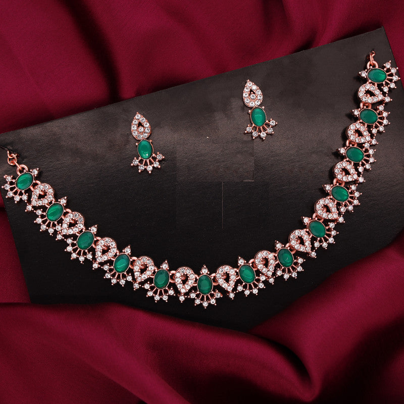 Tehzeeb Creations Green Colour Ad Studded Necklace Jewellery Set With Matching Earrings For Women And Girls - Swadesiicart