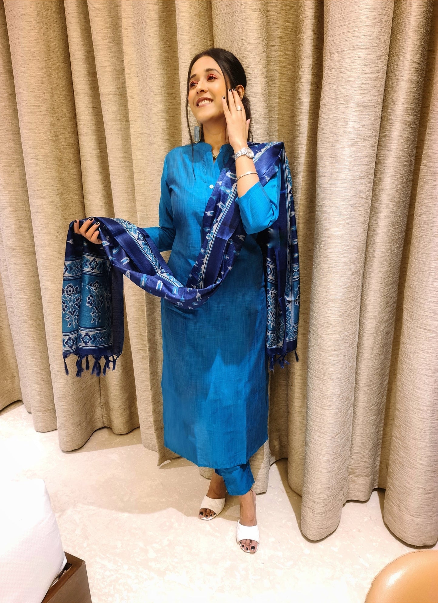 Jompers Women Blue & Green Self-Striped Kurta with Trousers & Printed Art Silk Dupatta | Swadesiicart