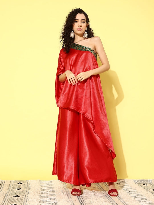 InWeave Women's Red Green Brocade Satin Oneshoulder Kurta Set - Swadesiicart