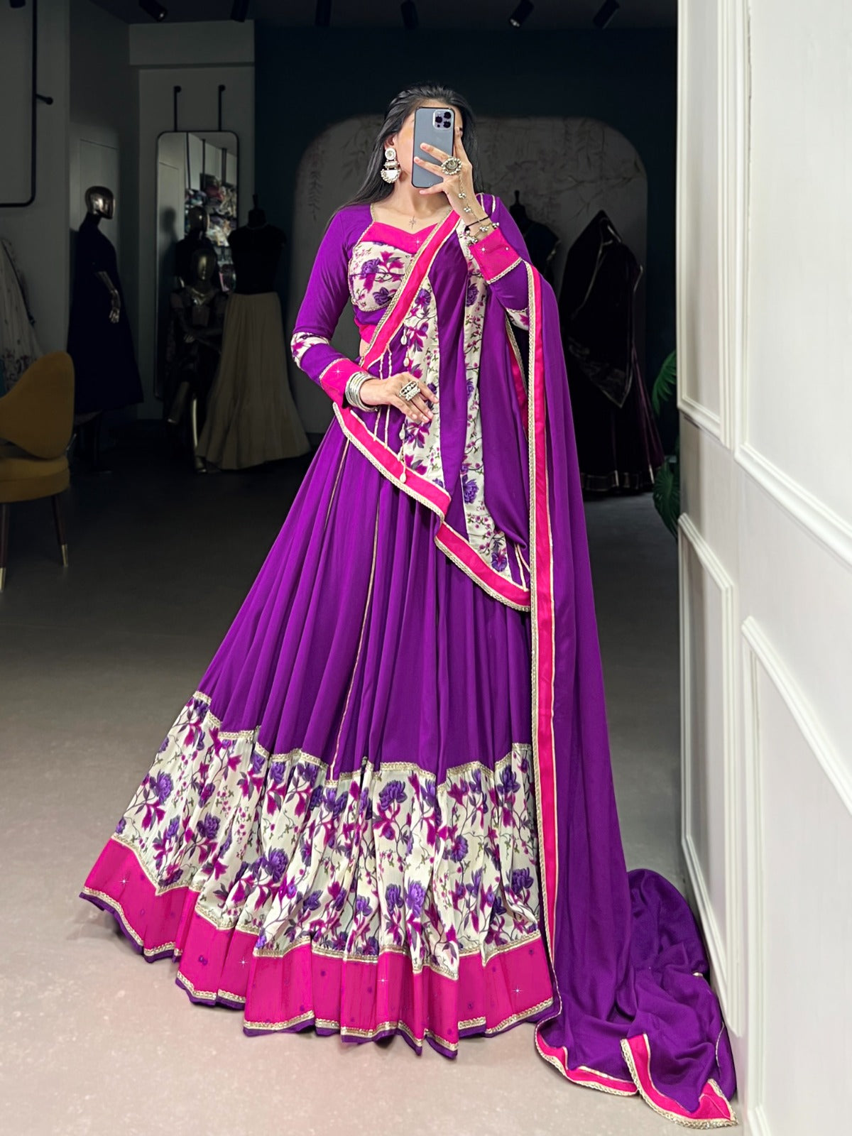 Lorenvalley Fashion Purple Pure Rayon Printed And Original Mirror Hand Work With Lace Touch Up Lehenga Choli with Dupatta - Swadesiicart