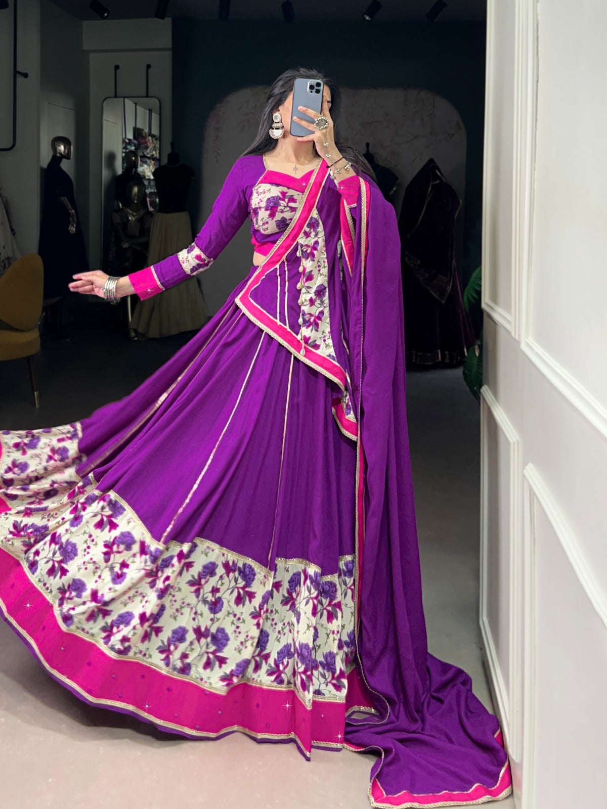 Lorenvalley Fashion Purple Pure Rayon Printed And Original Mirror Hand Work With Lace Touch Up Lehenga Choli with Dupatta - Swadesiicart