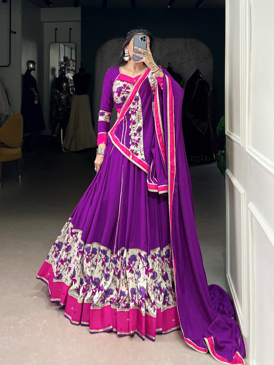 Lorenvalley Fashion Purple Pure Rayon Printed And Original Mirror Hand Work With Lace Touch Up Lehenga Choli with Dupatta - Swadesiicart