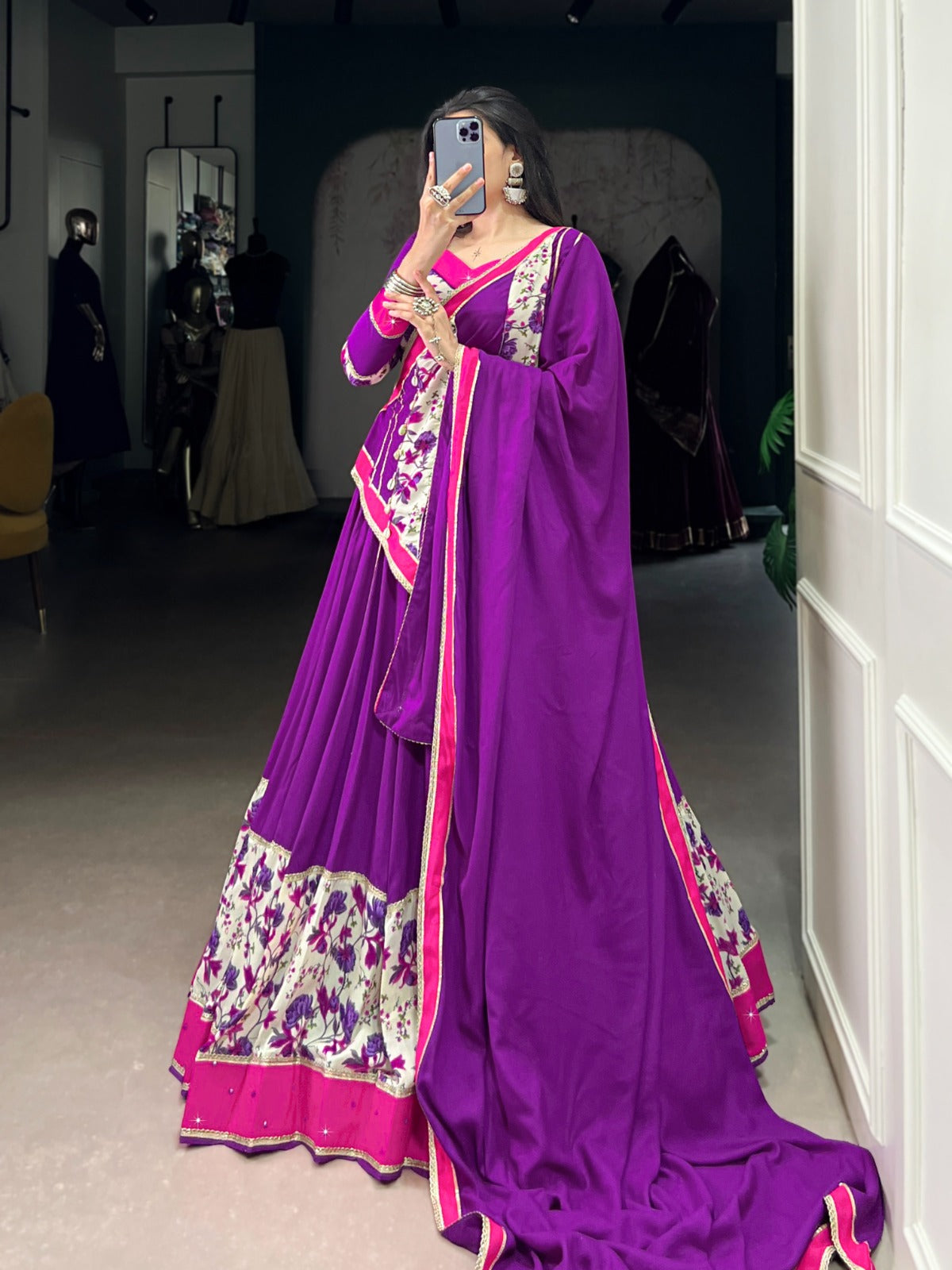 Lorenvalley Fashion Purple Pure Rayon Printed And Original Mirror Hand Work With Lace Touch Up Lehenga Choli with Dupatta - Swadesiicart