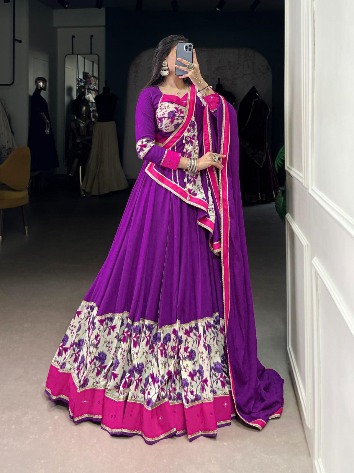 Lorenvalley Fashion Purple Pure Rayon Printed And Original Mirror Hand Work With Lace Touch Up Lehenga Choli with Dupatta - Swadesiicart