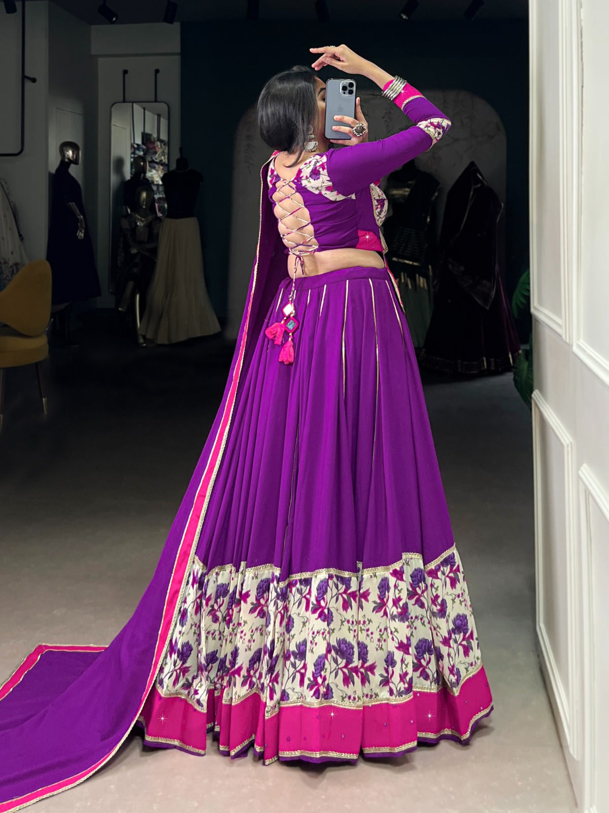 Lorenvalley Fashion Purple Pure Rayon Printed And Original Mirror Hand Work With Lace Touch Up Lehenga Choli with Dupatta - Swadesiicart