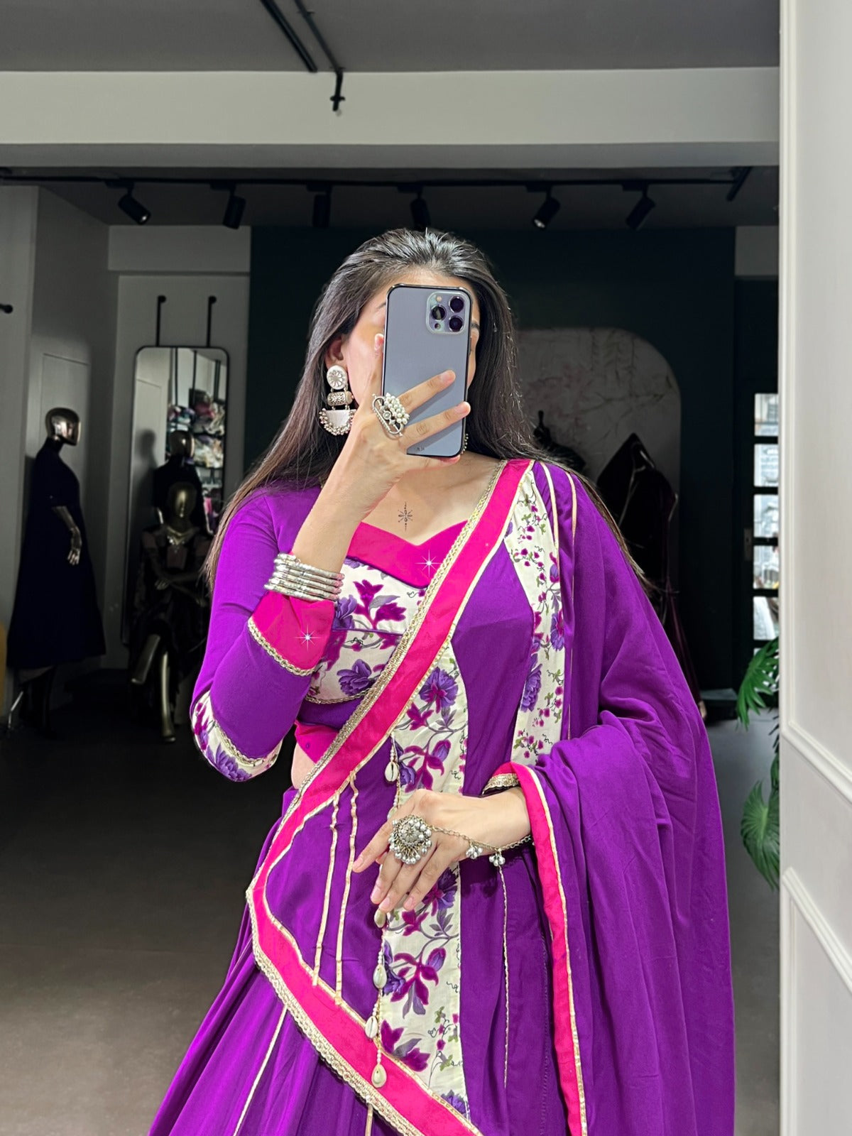 Lorenvalley Fashion Purple Pure Rayon Printed And Original Mirror Hand Work With Lace Touch Up Lehenga Choli with Dupatta - Swadesiicart