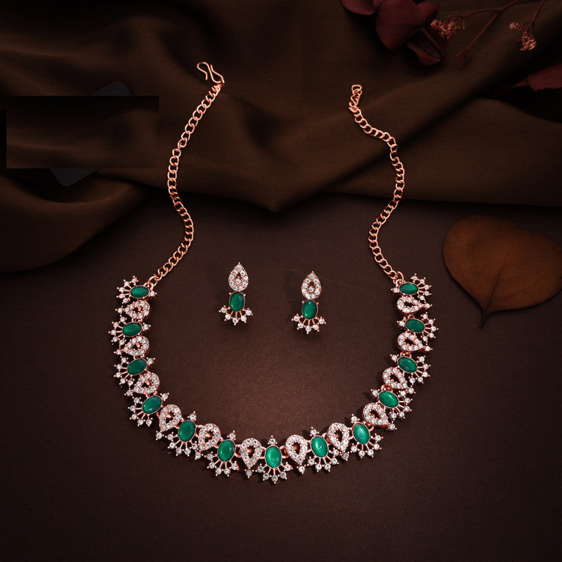 Tehzeeb Creations Green Colour Ad Studded Necklace Jewellery Set With Matching Earrings For Women And Girls - Swadesiicart