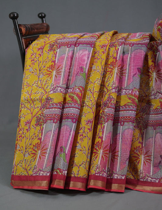 Light Yellow Colour With Orange Blouse Cotton Brasso Saree By Gayathri Reddy Designer Studio | Swadesiicart