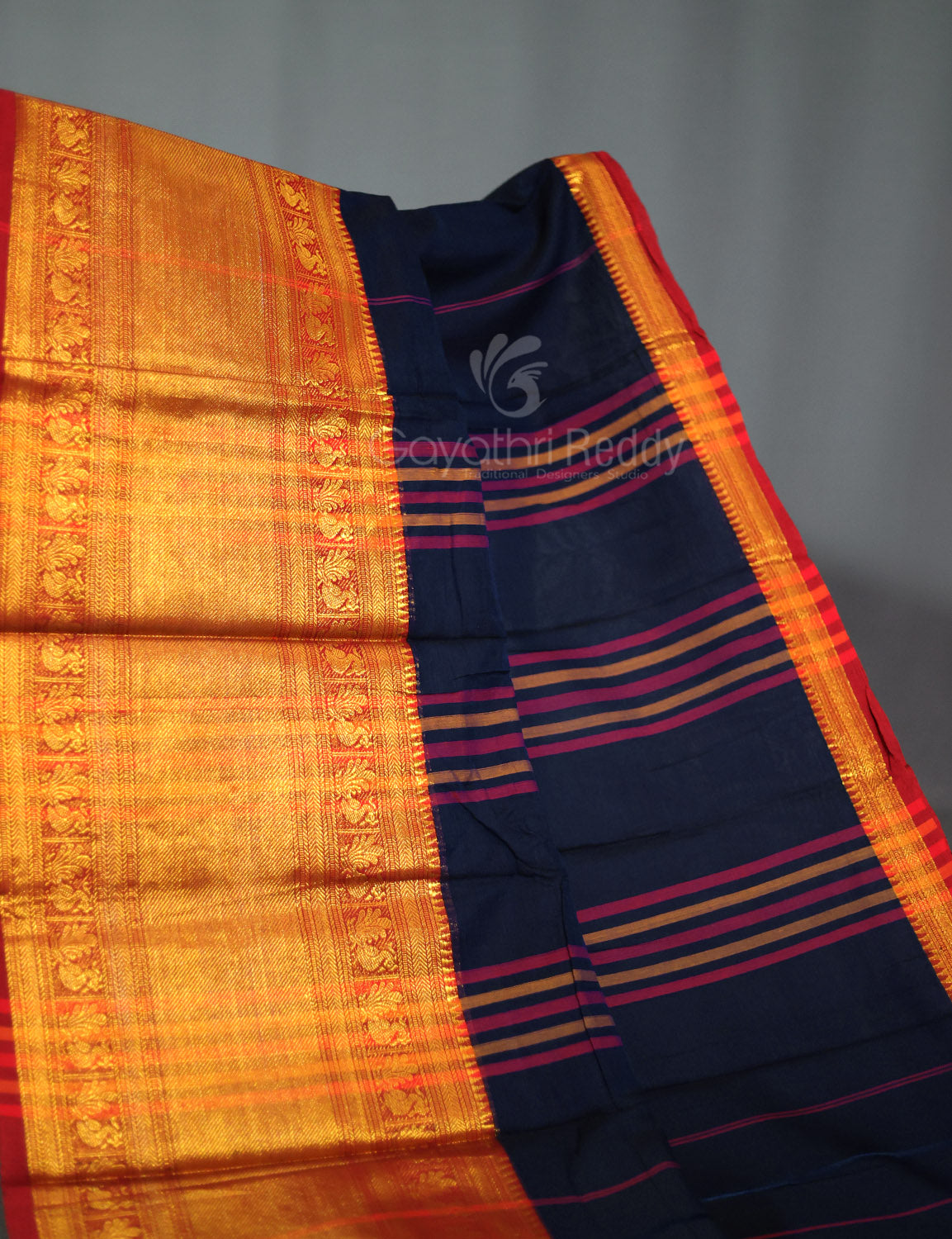 Kalanetha Navy Blue With Zari Kanchi Style Pure Narayanpet Cotton Saree By Gayathri Reddy Designer Studio | Swadesiicart
