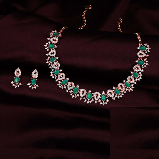 Tehzeeb Creations Green Colour Ad Studded Necklace Jewellery Set With Matching Earrings For Women And Girls - Swadesiicart