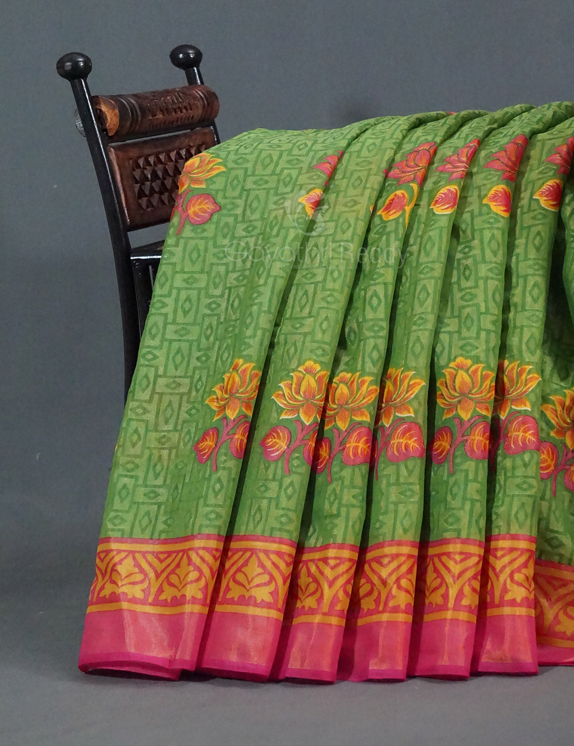 Leaf Green Colour With Baby Pink Blouse Cotton Brasso Saree By Gayathri Reddy Designer Studio | Swadesiicart