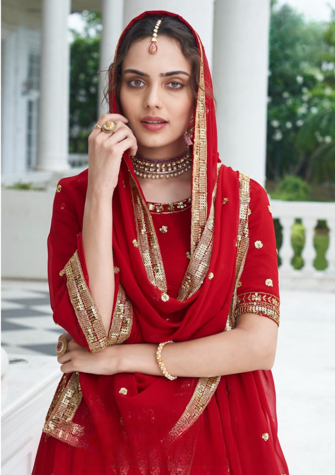 Anaita Red Georgette Lehenga Choli With Sequence & Thread Work