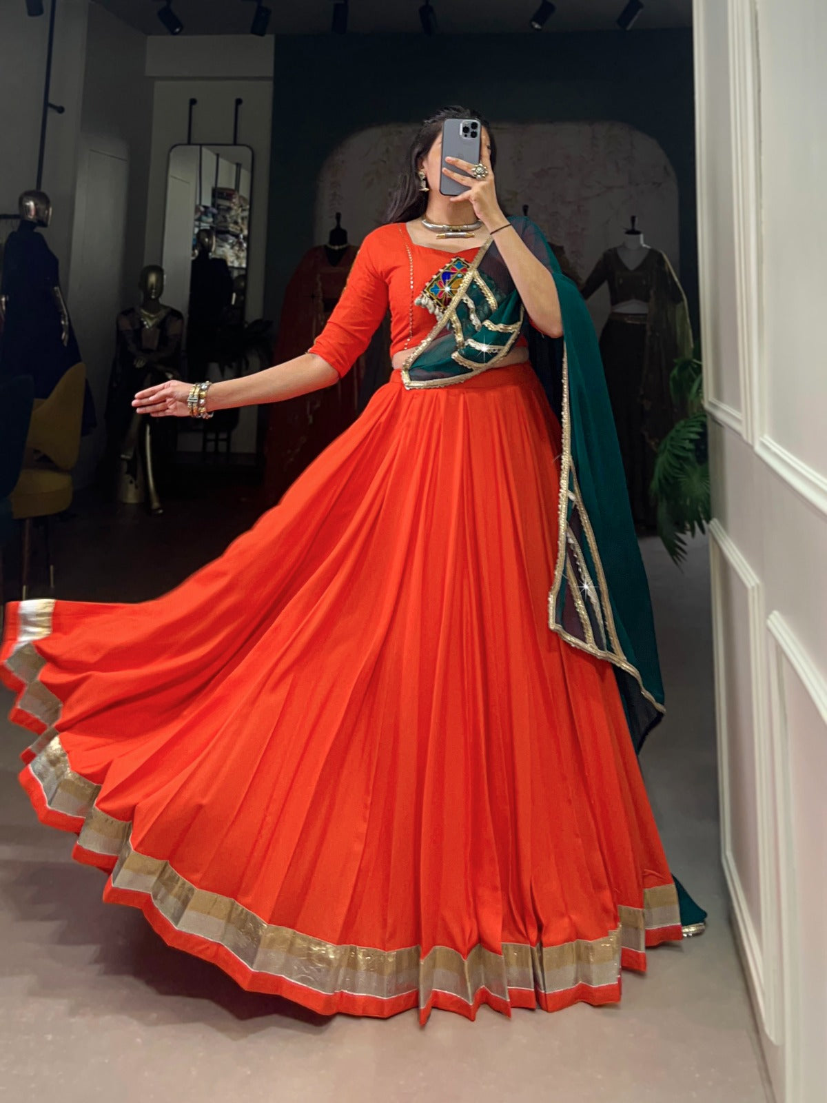 Lorenvalley Orange Pure Rayon Embossed Design Lace Touch Up Lehenga Choli with Dupatta | Swadesiicart
