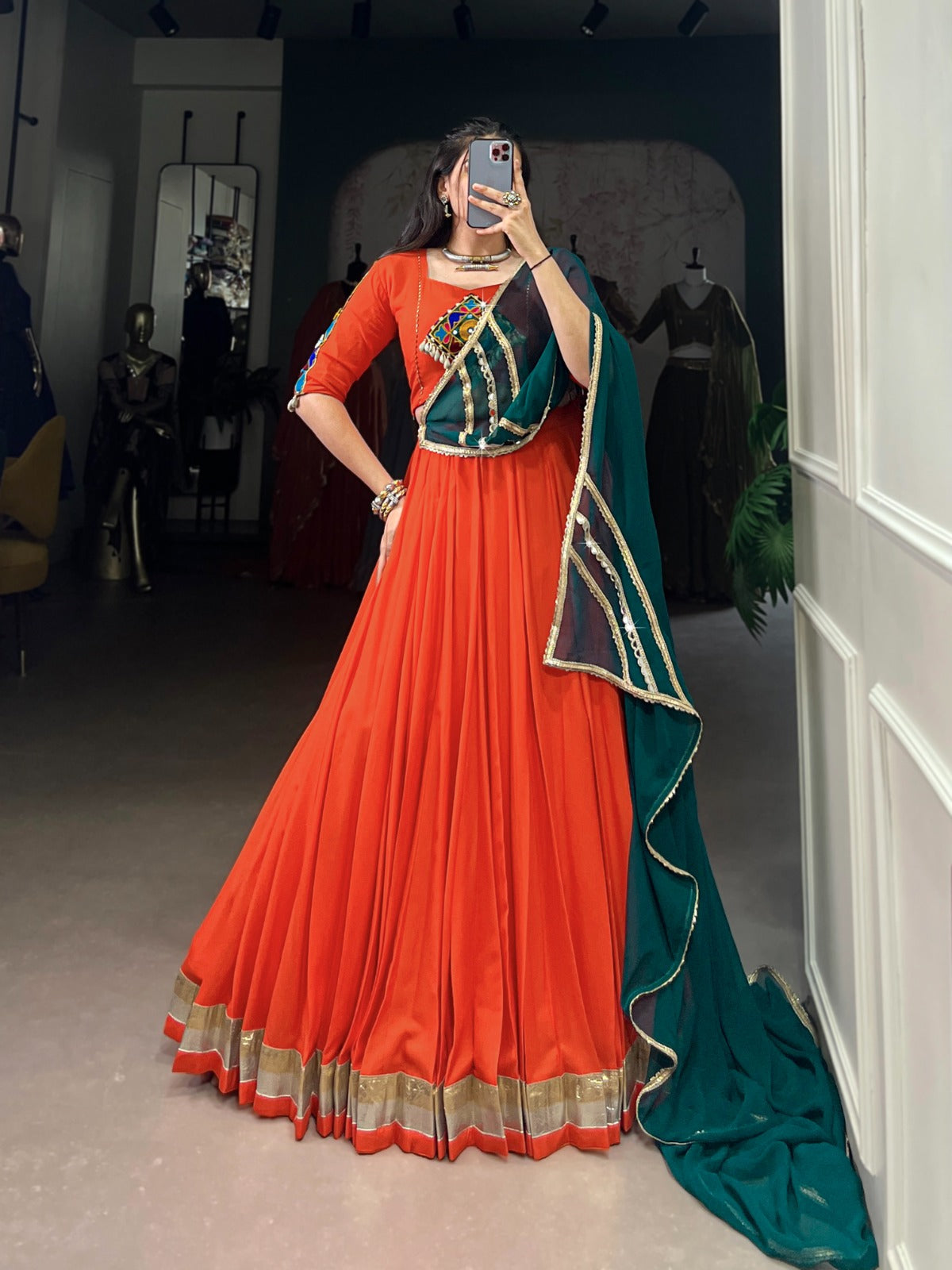 Lorenvalley Orange Pure Rayon Embossed Design Lace Touch Up Lehenga Choli with Dupatta | Swadesiicart