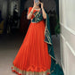 Lorenvalley Orange Pure Rayon Embossed Design Lace Touch Up Lehenga Choli with Dupatta | Swadesiicart