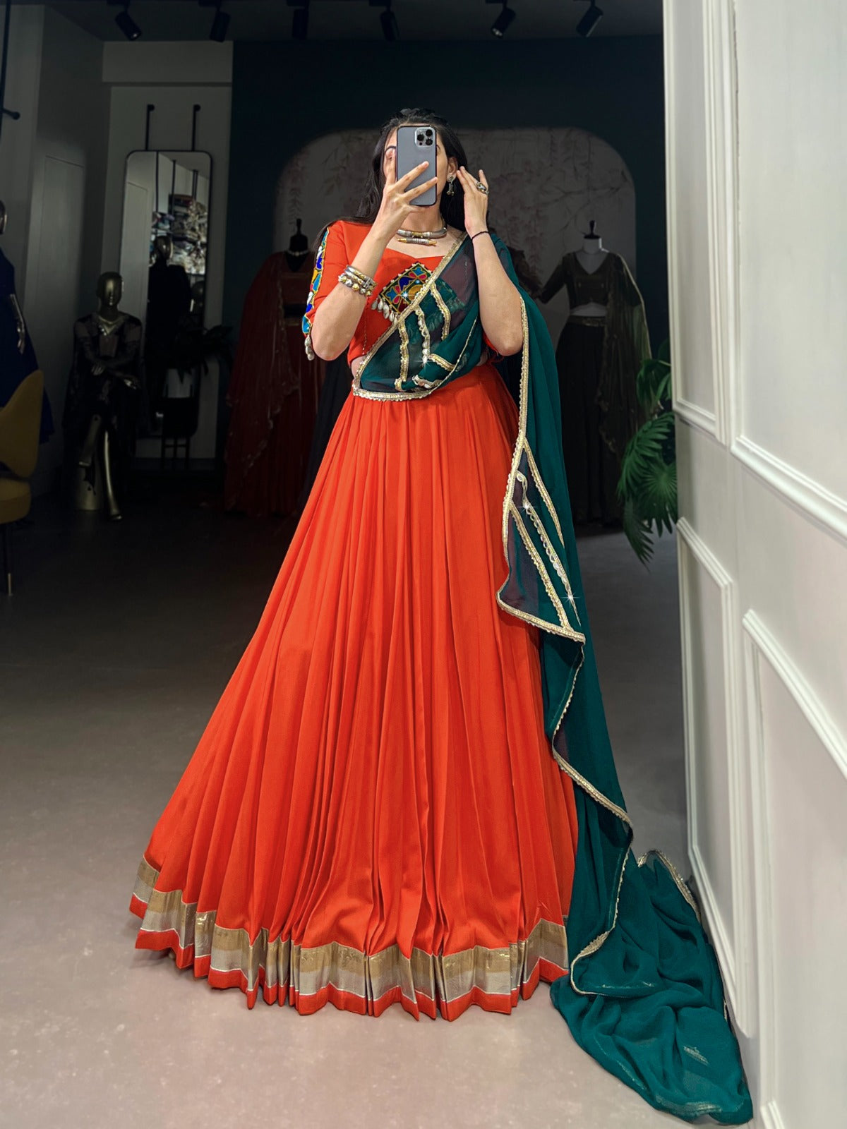 Lorenvalley Orange Pure Rayon Embossed Design Lace Touch Up Lehenga Choli with Dupatta | Swadesiicart