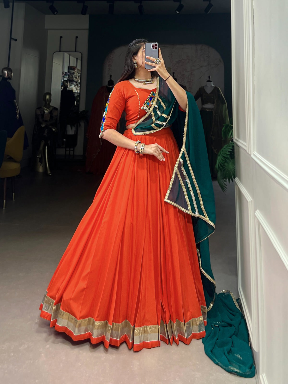 Lorenvalley Orange Pure Rayon Embossed Design Lace Touch Up Lehenga Choli with Dupatta | Swadesiicart
