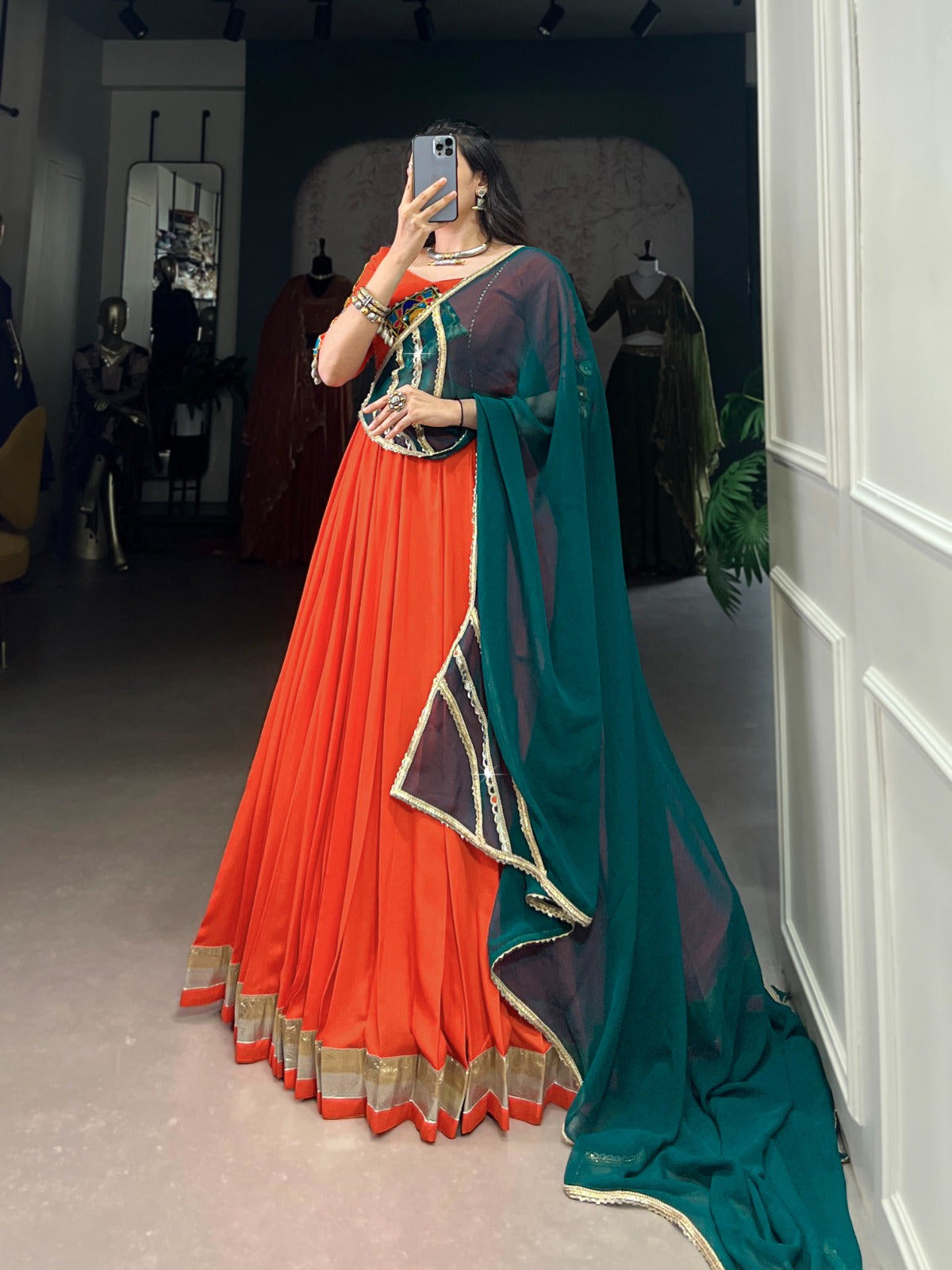 Lorenvalley Orange Pure Rayon Embossed Design Lace Touch Up Lehenga Choli with Dupatta | Swadesiicart