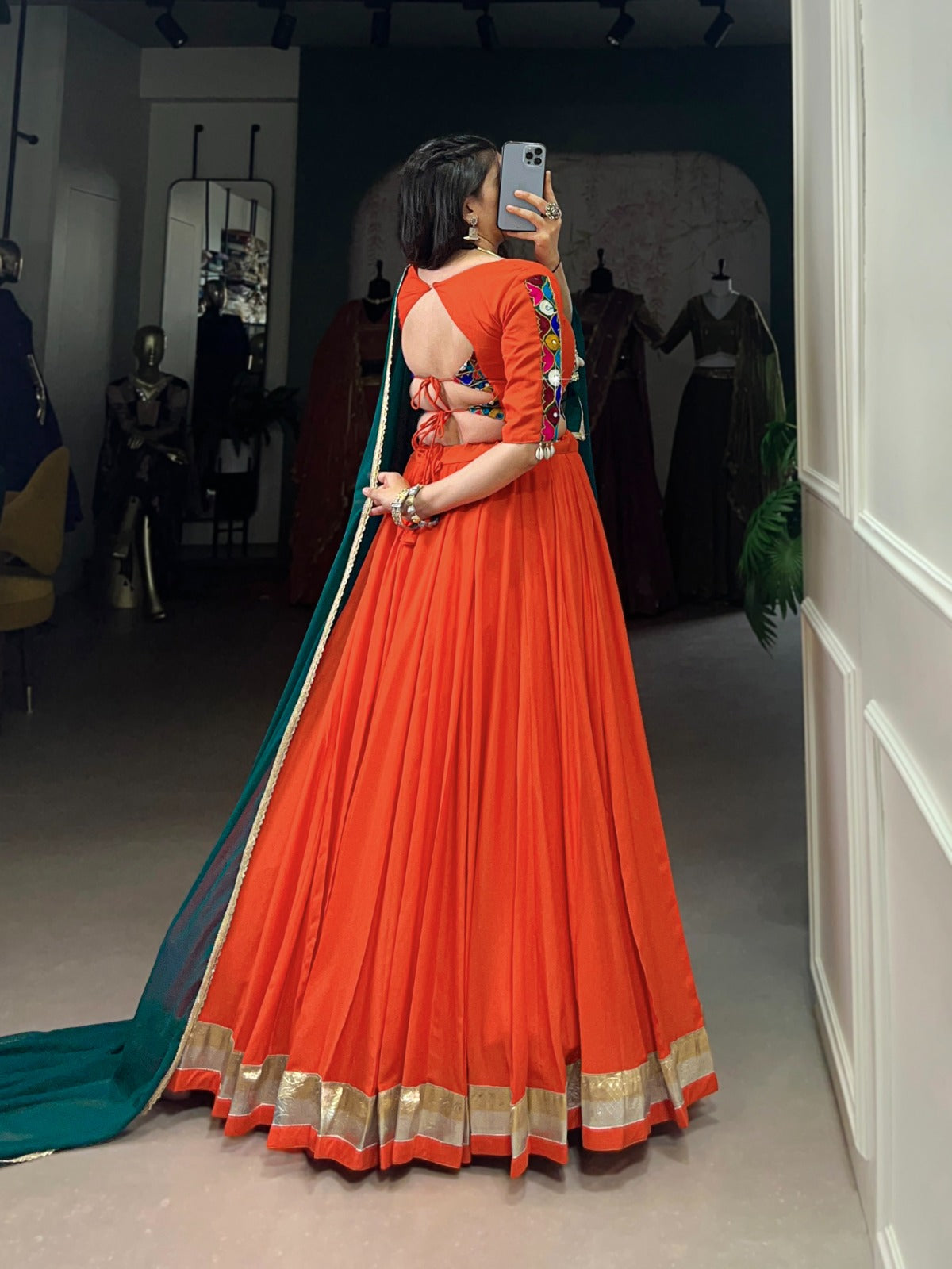 Lorenvalley Orange Pure Rayon Embossed Design Lace Touch Up Lehenga Choli with Dupatta | Swadesiicart