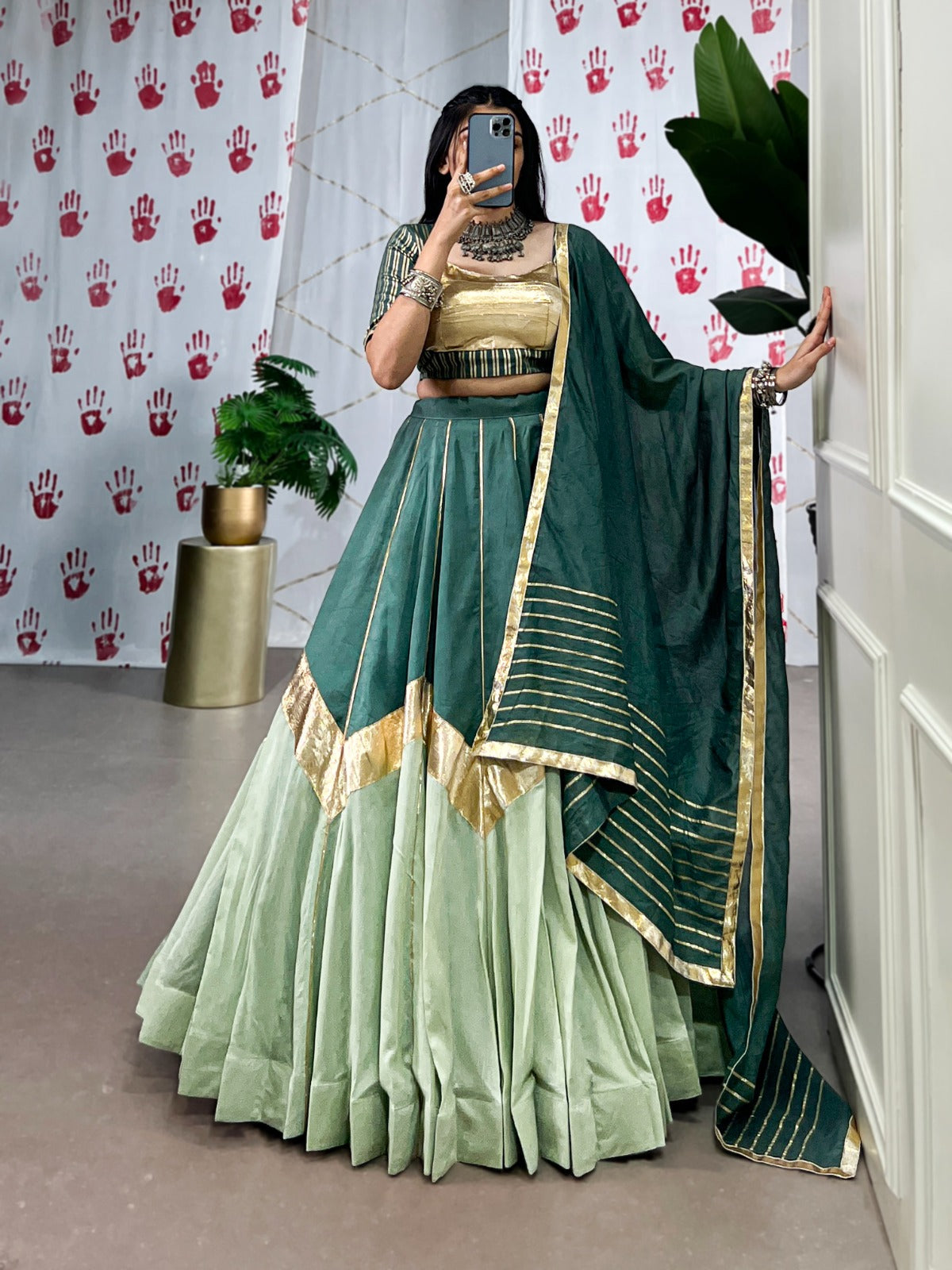 Lorenvalley Seagreen Pure Chanderi Embossed Design And Gotta Patti Lace Touch Up Lehenga Choli with Dupatta | Swadesiicart