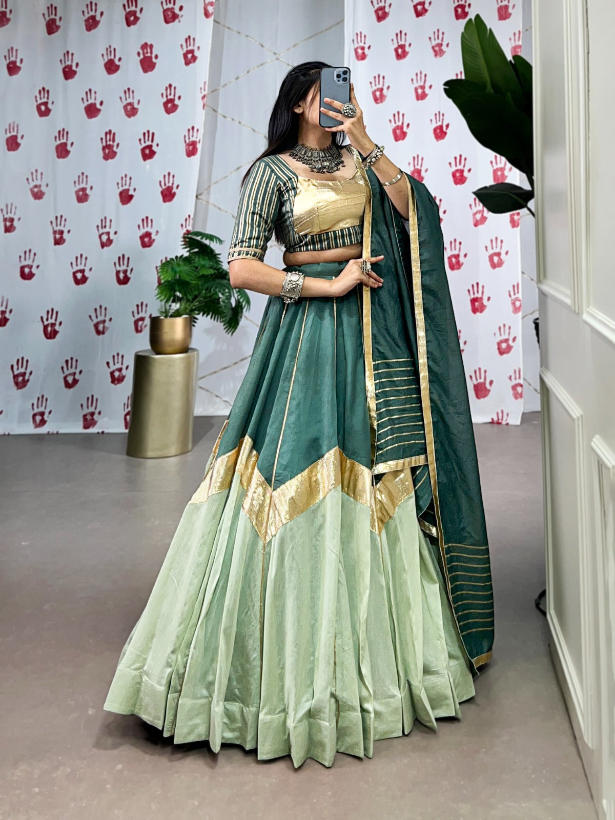 Lorenvalley Seagreen Pure Chanderi Embossed Design And Gotta Patti Lace Touch Up Lehenga Choli with Dupatta | Swadesiicart