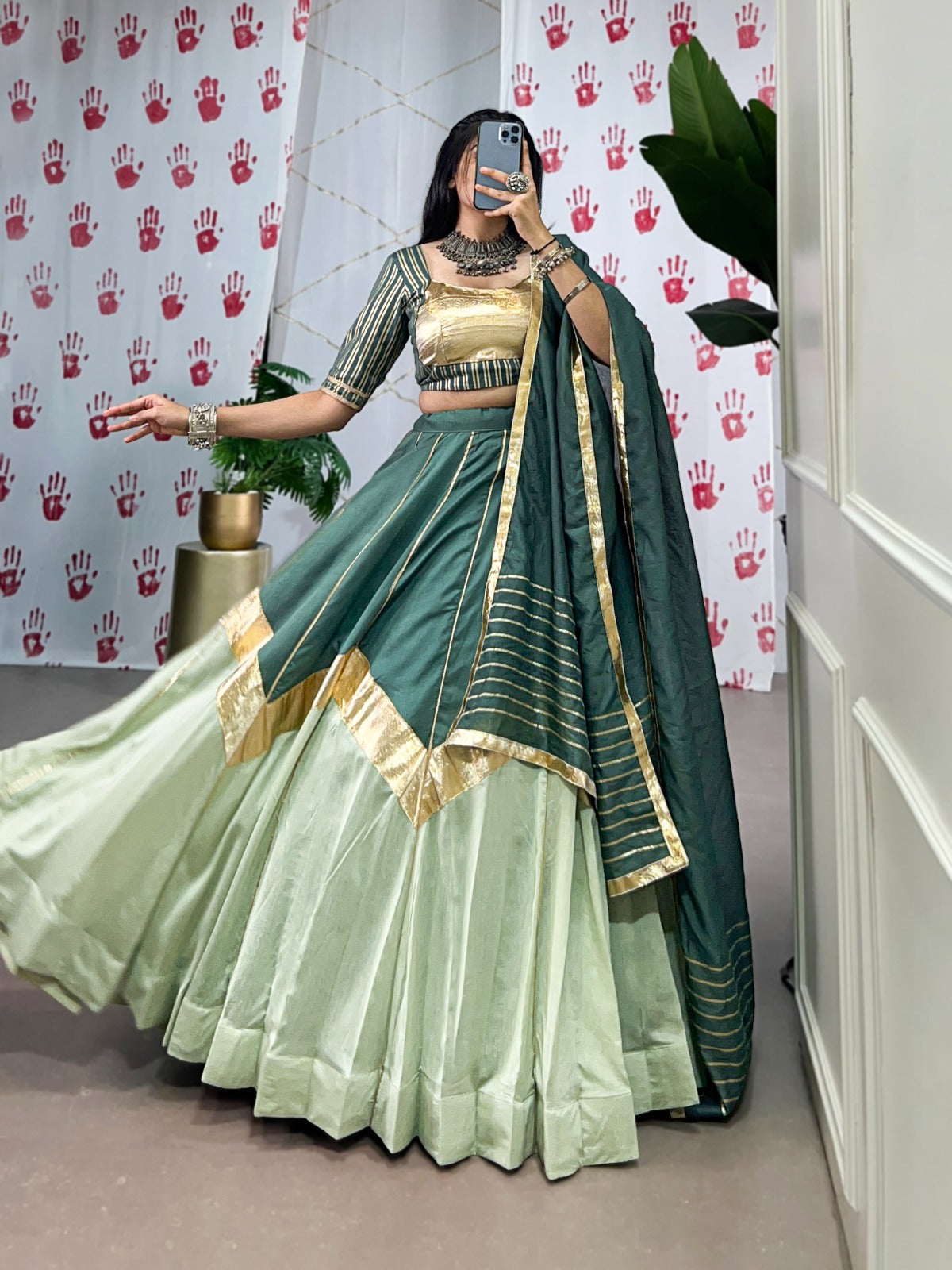 Lorenvalley Seagreen Pure Chanderi Embossed Design And Gotta Patti Lace Touch Up Lehenga Choli with Dupatta | Swadesiicart