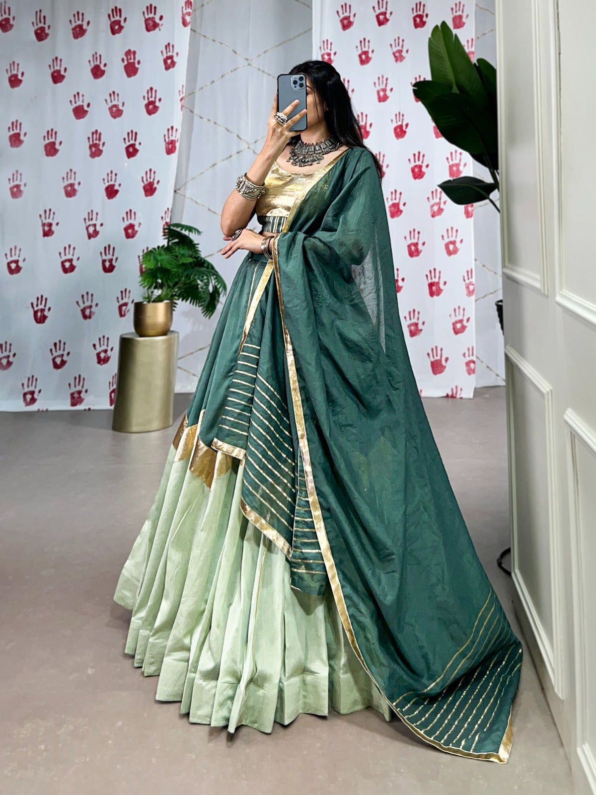 Lorenvalley Seagreen Pure Chanderi Embossed Design And Gotta Patti Lace Touch Up Lehenga Choli with Dupatta | Swadesiicart