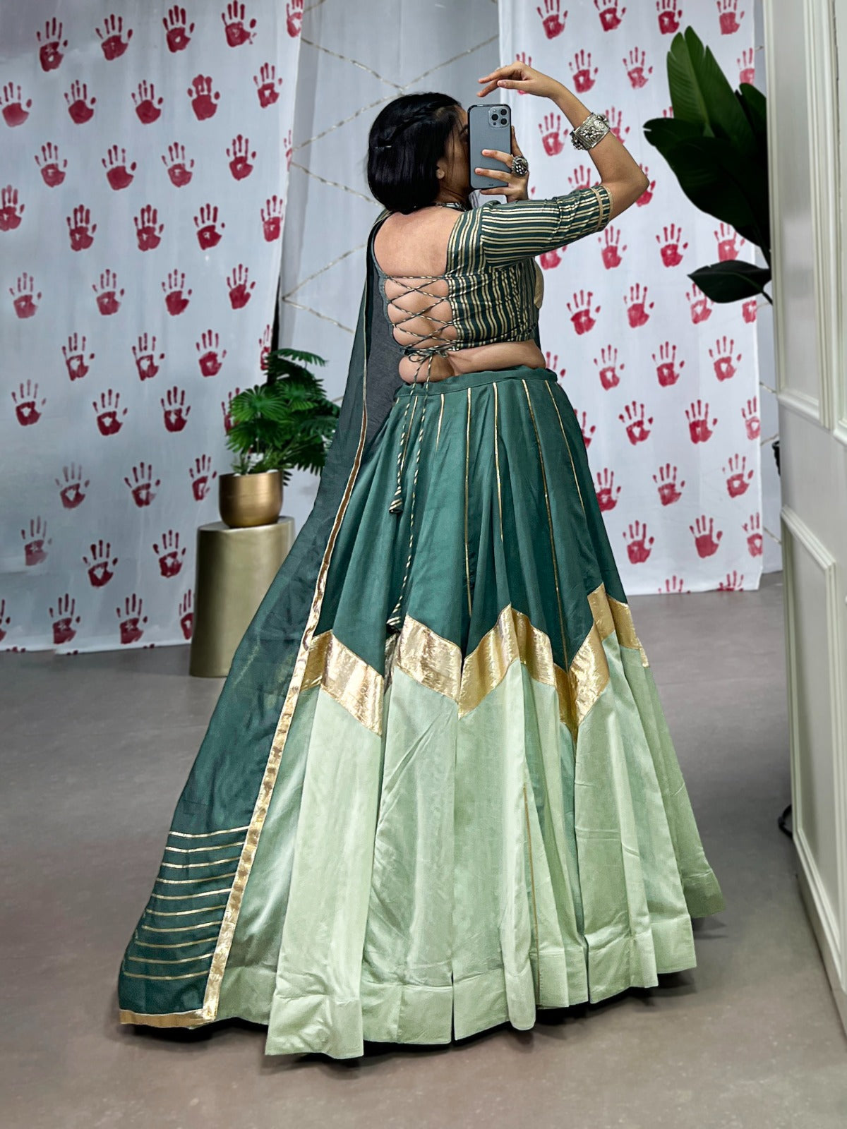 Lorenvalley Seagreen Pure Chanderi Embossed Design And Gotta Patti Lace Touch Up Lehenga Choli with Dupatta | Swadesiicart