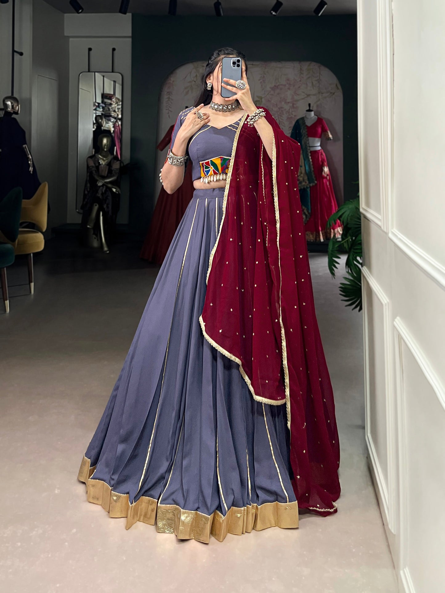 Lorenvalley Darkgrey Pure Rayon Embossed Design With Gotta Patti Lace Touch Up Lehenga Choli with Dupatta | Swadesiicart