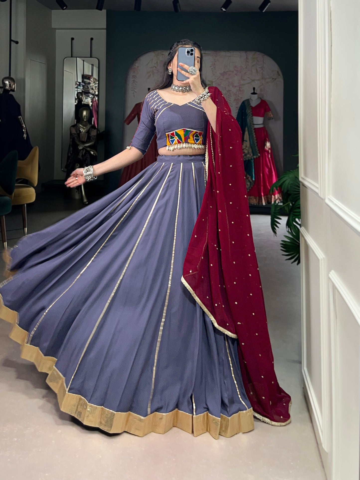 Lorenvalley Darkgrey Pure Rayon Embossed Design With Gotta Patti Lace Touch Up Lehenga Choli with Dupatta | Swadesiicart