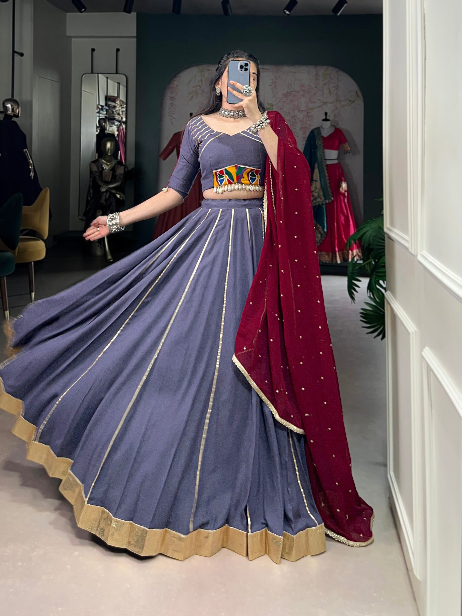 Lorenvalley Darkgrey Pure Rayon Embossed Design With Gotta Patti Lace Touch Up Lehenga Choli with Dupatta | Swadesiicart