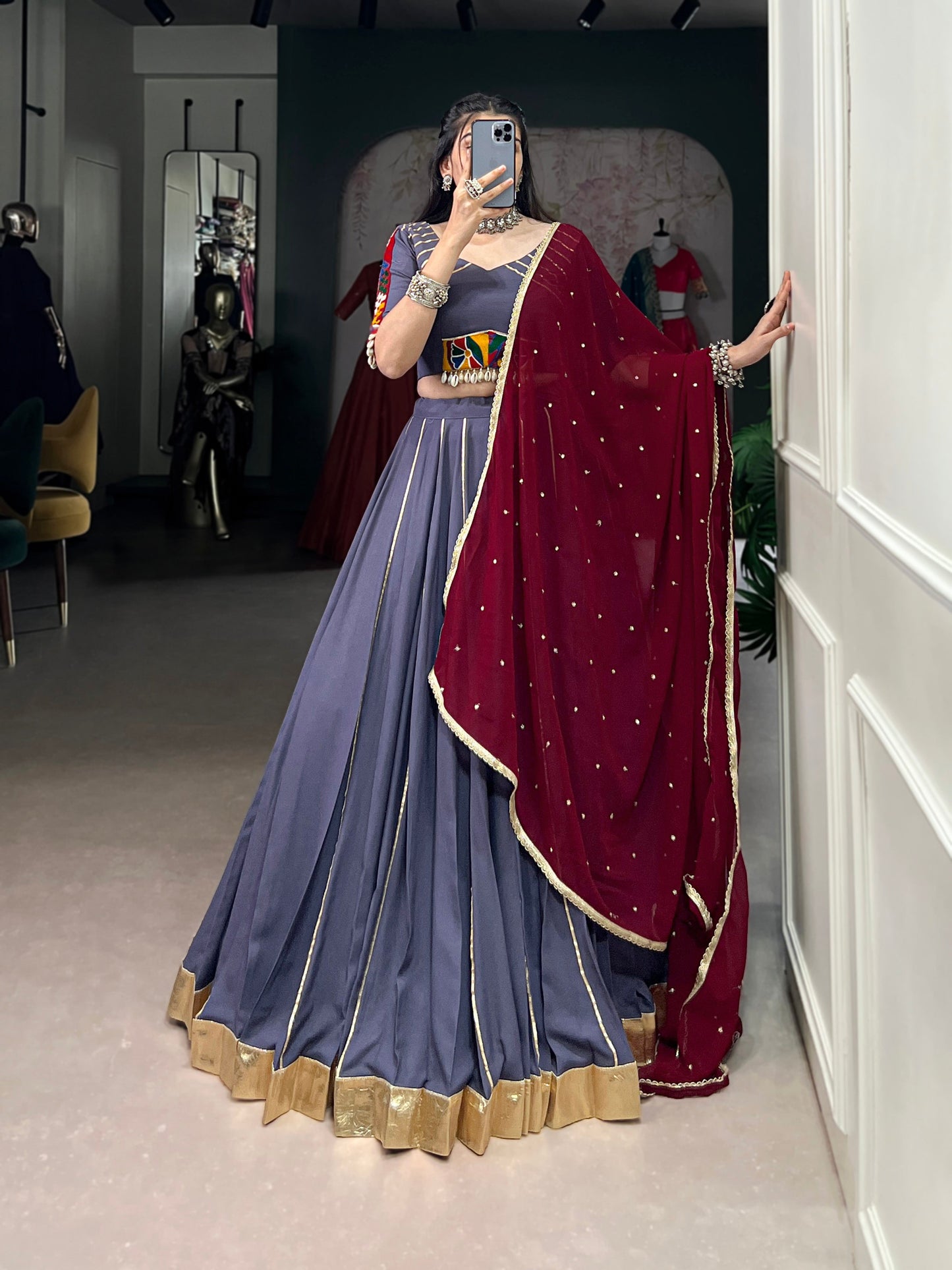 Lorenvalley Darkgrey Pure Rayon Embossed Design With Gotta Patti Lace Touch Up Lehenga Choli with Dupatta | Swadesiicart
