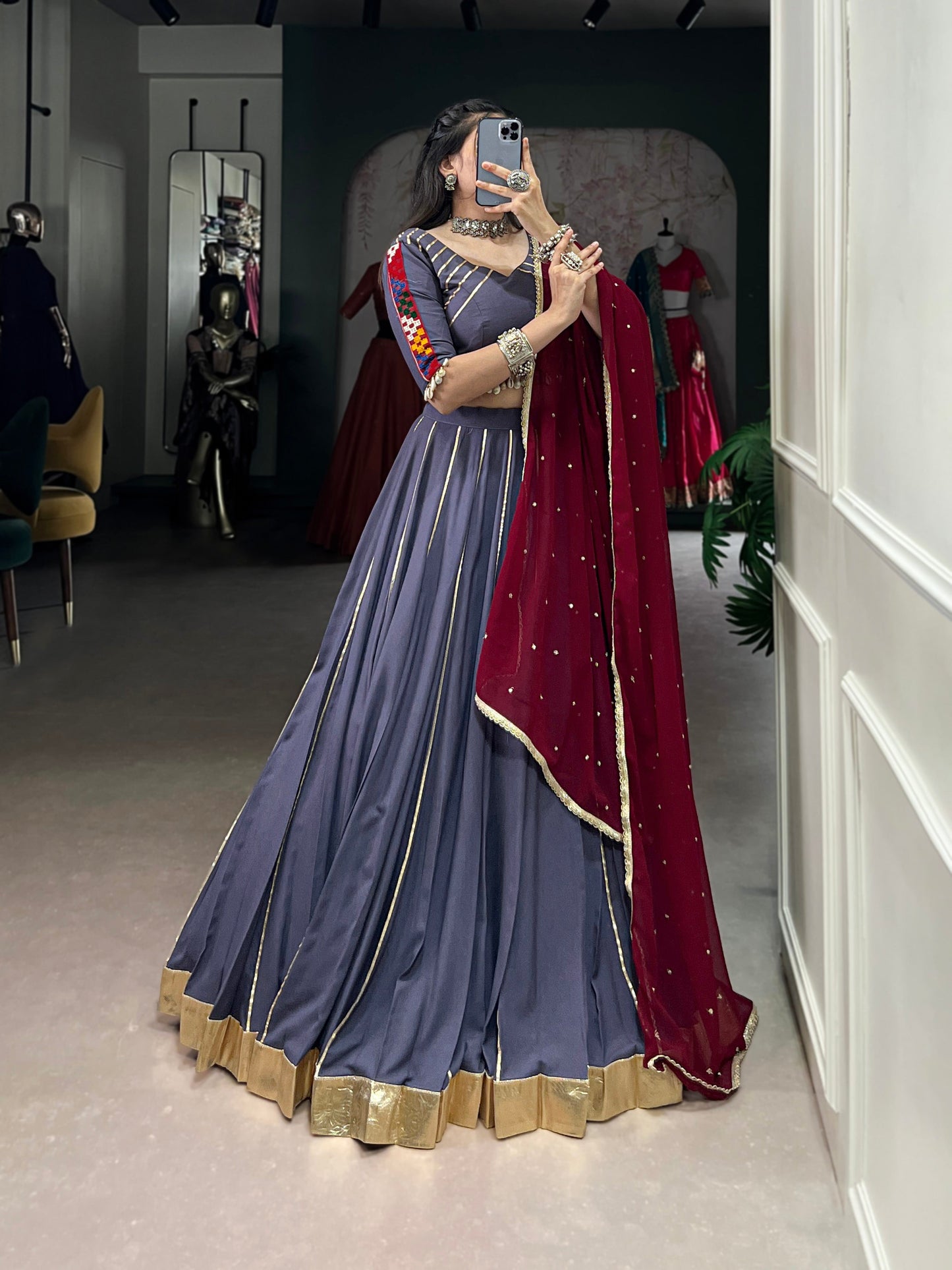Lorenvalley Darkgrey Pure Rayon Embossed Design With Gotta Patti Lace Touch Up Lehenga Choli with Dupatta | Swadesiicart