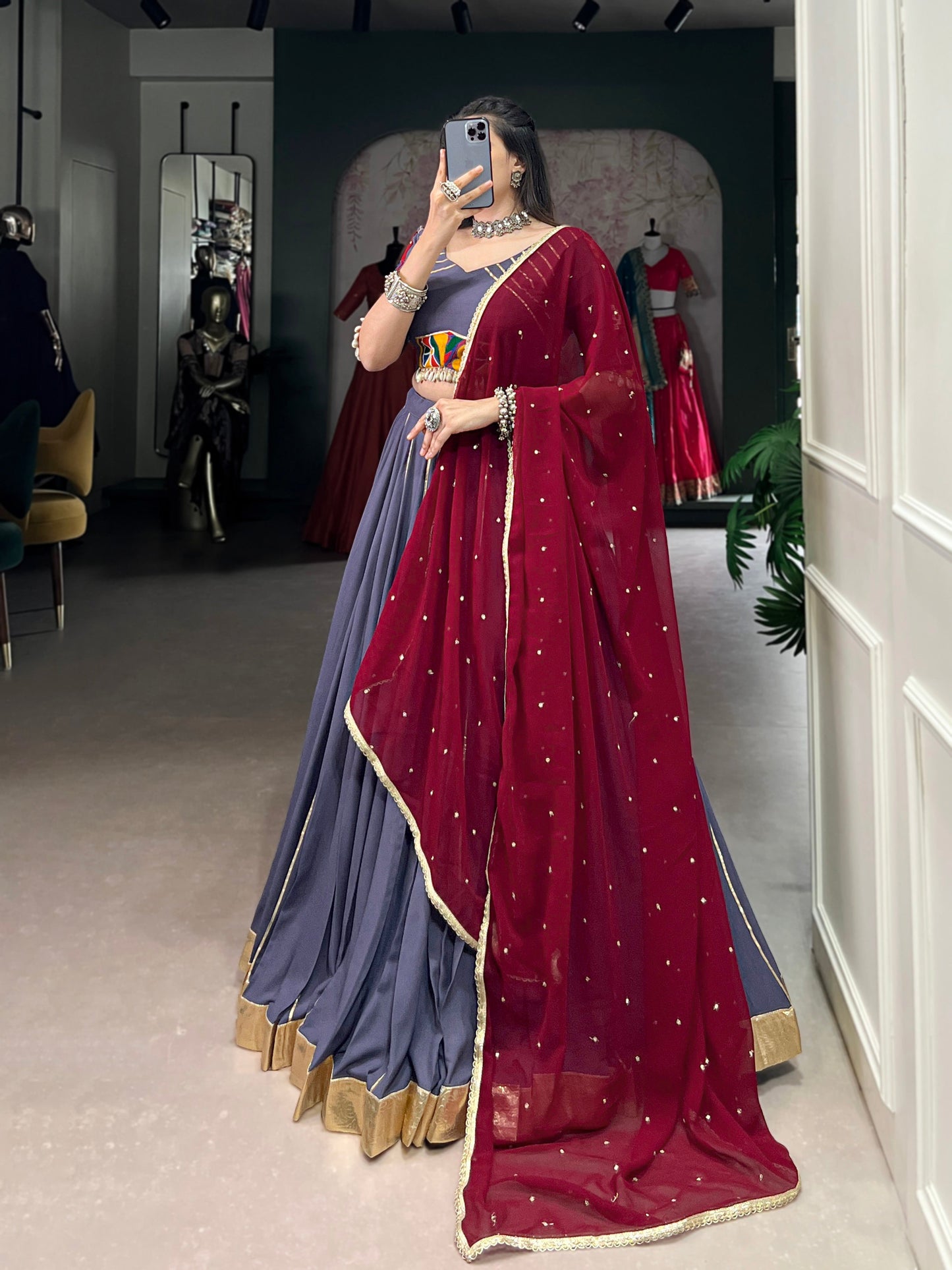 Lorenvalley Darkgrey Pure Rayon Embossed Design With Gotta Patti Lace Touch Up Lehenga Choli with Dupatta | Swadesiicart