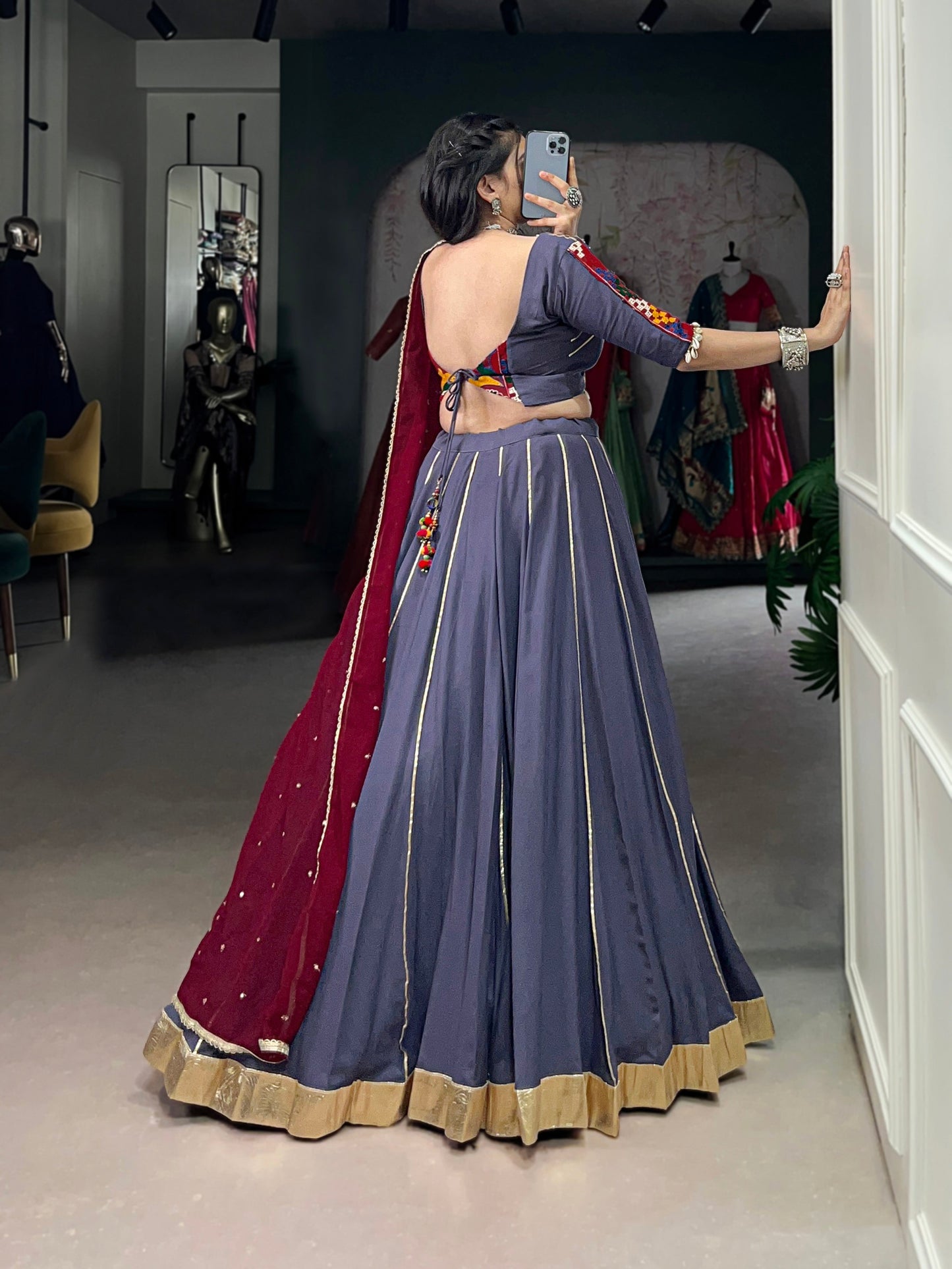 Lorenvalley Darkgrey Pure Rayon Embossed Design With Gotta Patti Lace Touch Up Lehenga Choli with Dupatta | Swadesiicart
