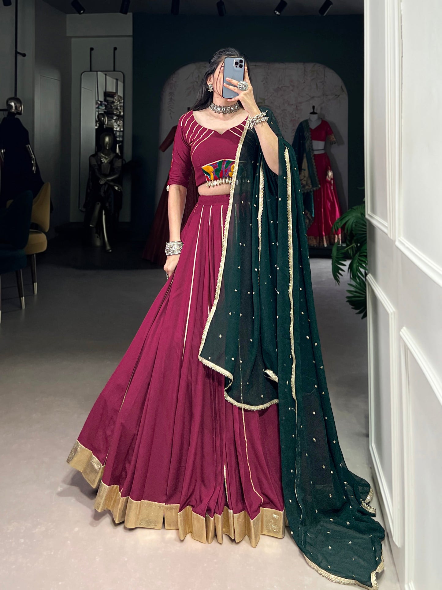 Lorenvalley Ranipink Pure Rayon Embossed Design With Gotta Patti Lace Touch Up Lehenga Choli with Dupatta | Swadesiicart
