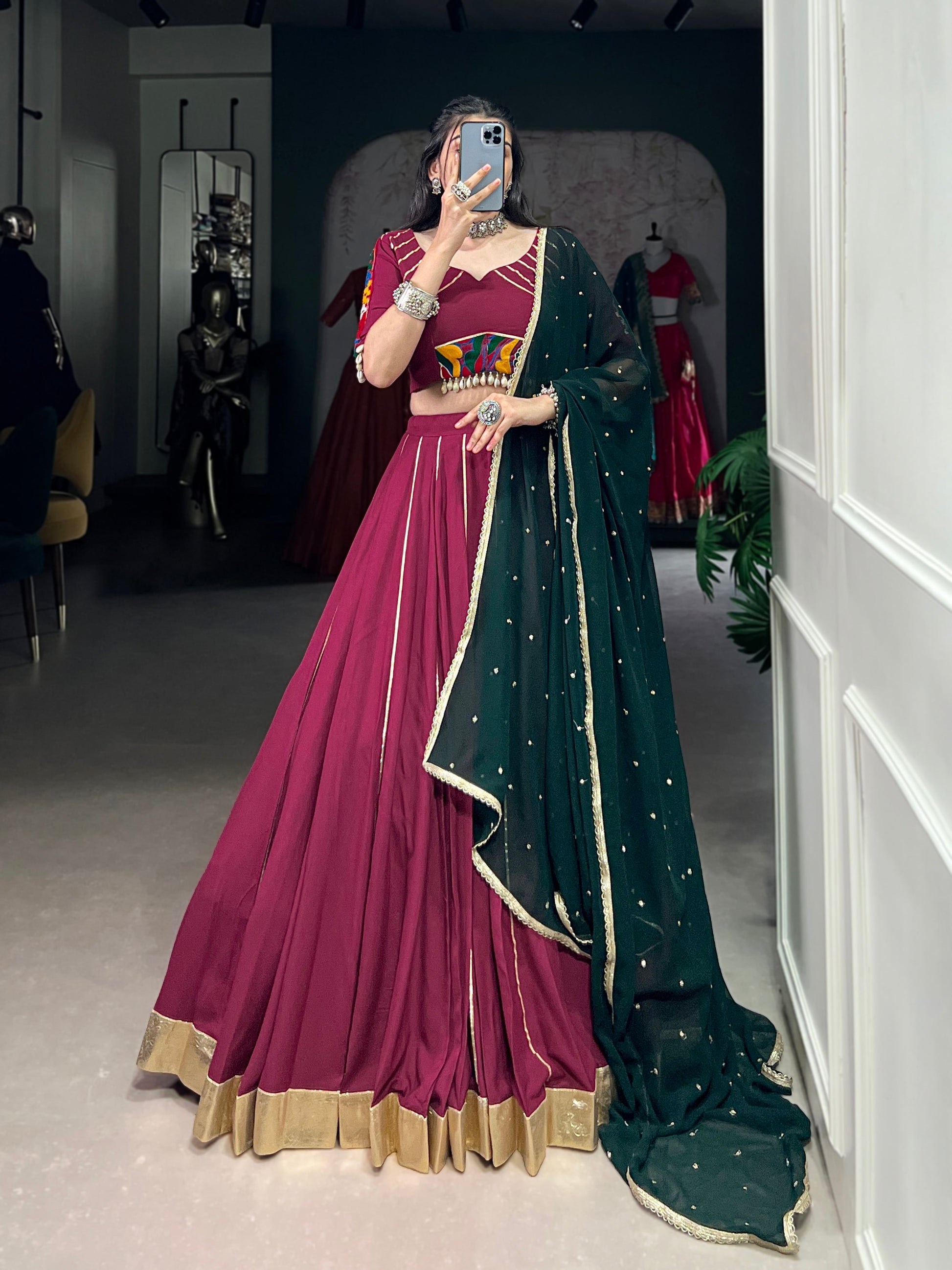 Lorenvalley Ranipink Pure Rayon Embossed Design With Gotta Patti Lace Touch Up Lehenga Choli with Dupatta | Swadesiicart
