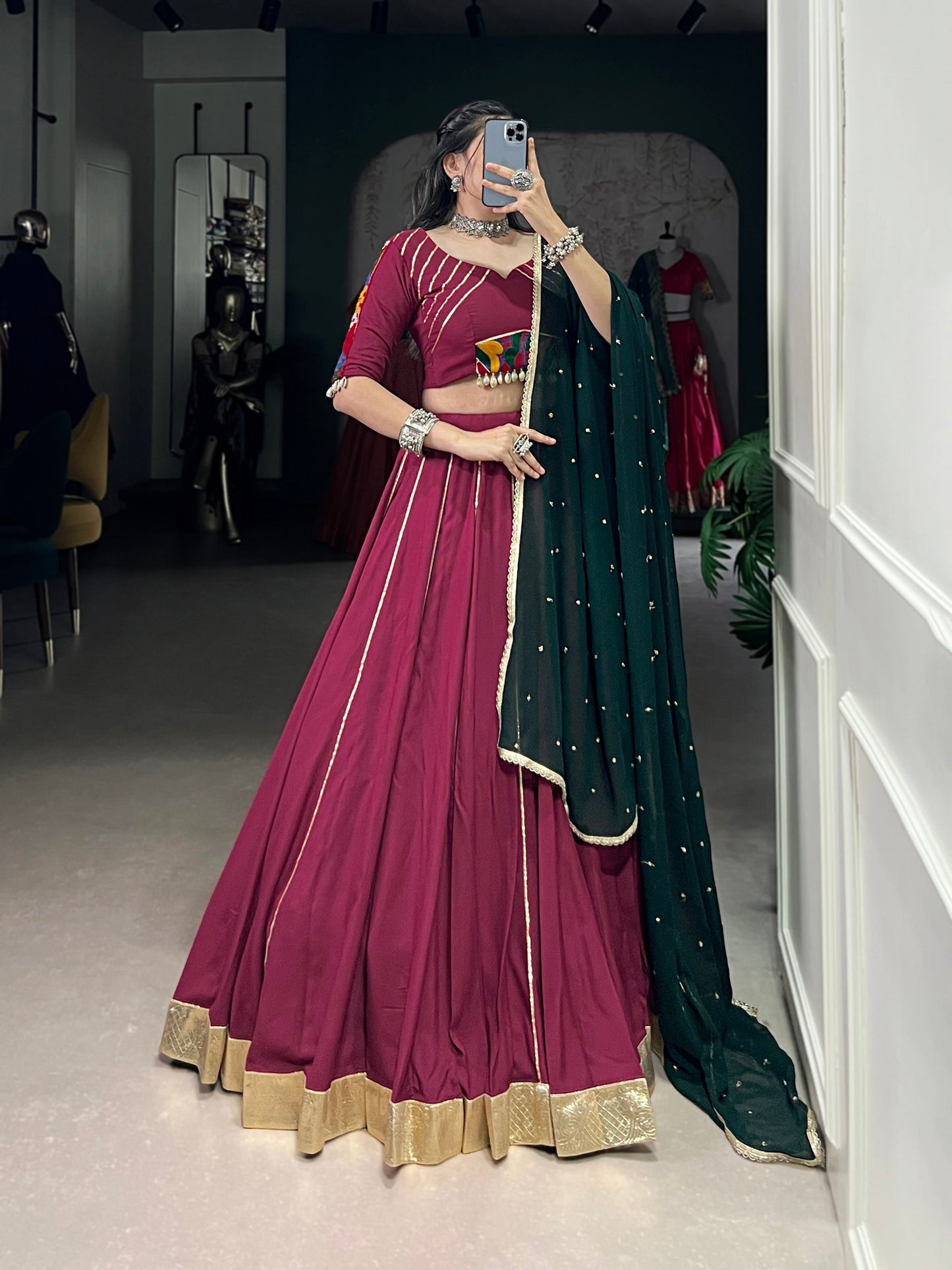 Lorenvalley Ranipink Pure Rayon Embossed Design With Gotta Patti Lace Touch Up Lehenga Choli with Dupatta | Swadesiicart
