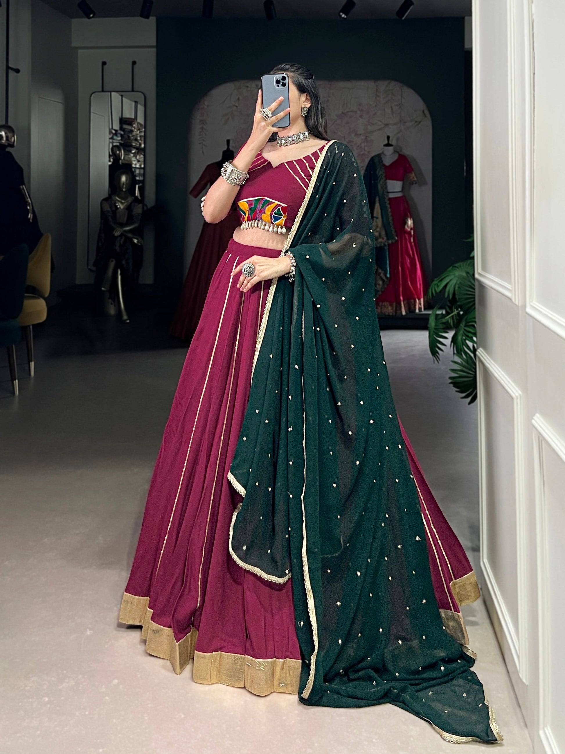 Lorenvalley Ranipink Pure Rayon Embossed Design With Gotta Patti Lace Touch Up Lehenga Choli with Dupatta | Swadesiicart