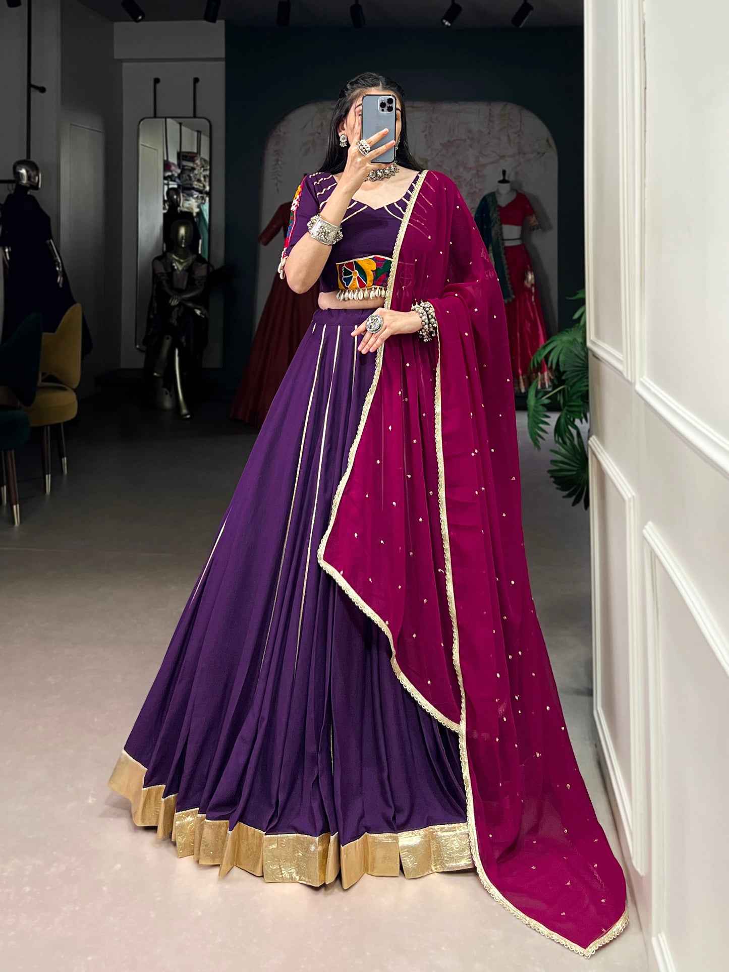Lorenvalley Purple Pure Rayon Embossed Design With Gotta Patti Lace Touch Up Lehenga Choli with Dupatta | Swadesiicart