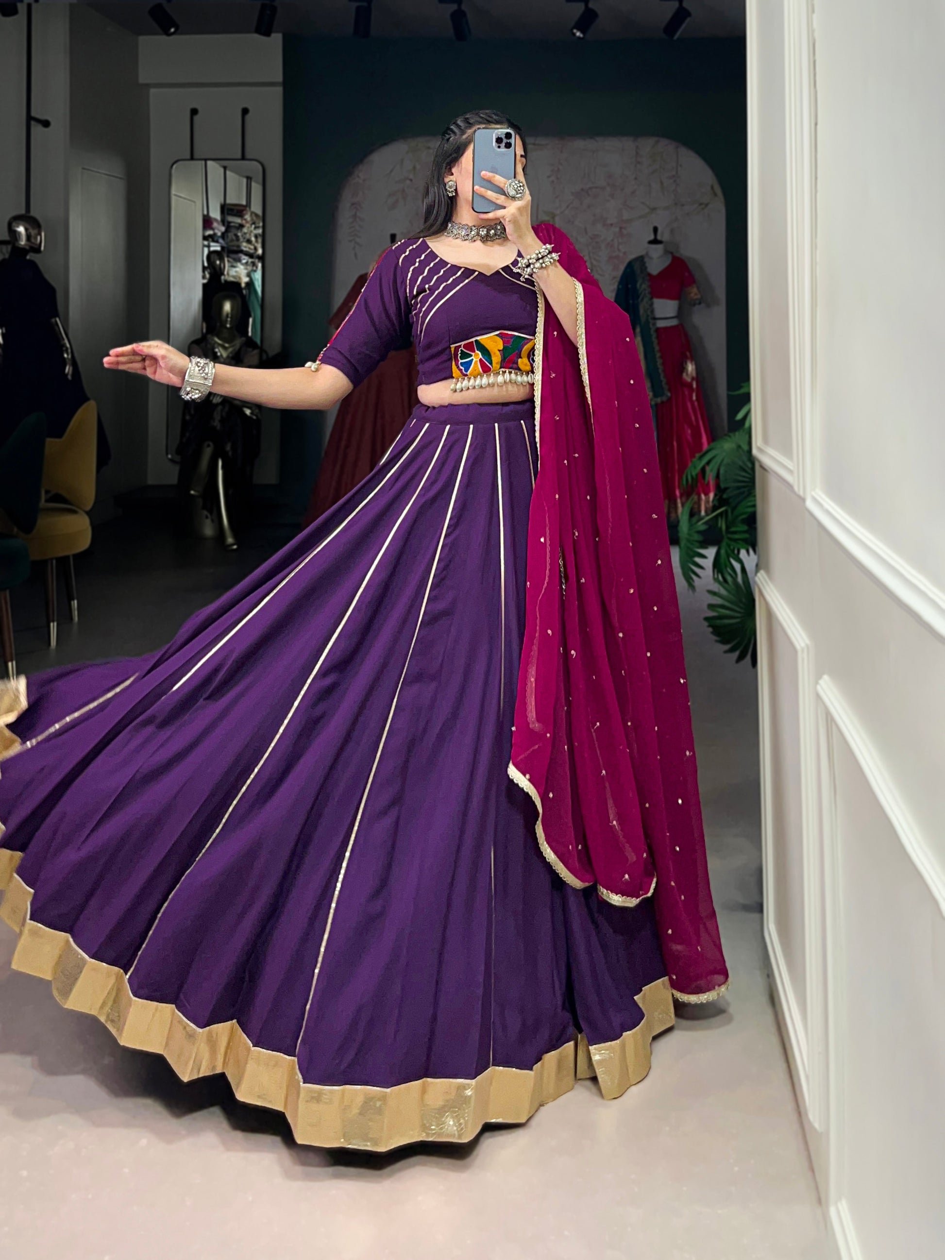 Lorenvalley Purple Pure Rayon Embossed Design With Gotta Patti Lace Touch Up Lehenga Choli with Dupatta | Swadesiicart