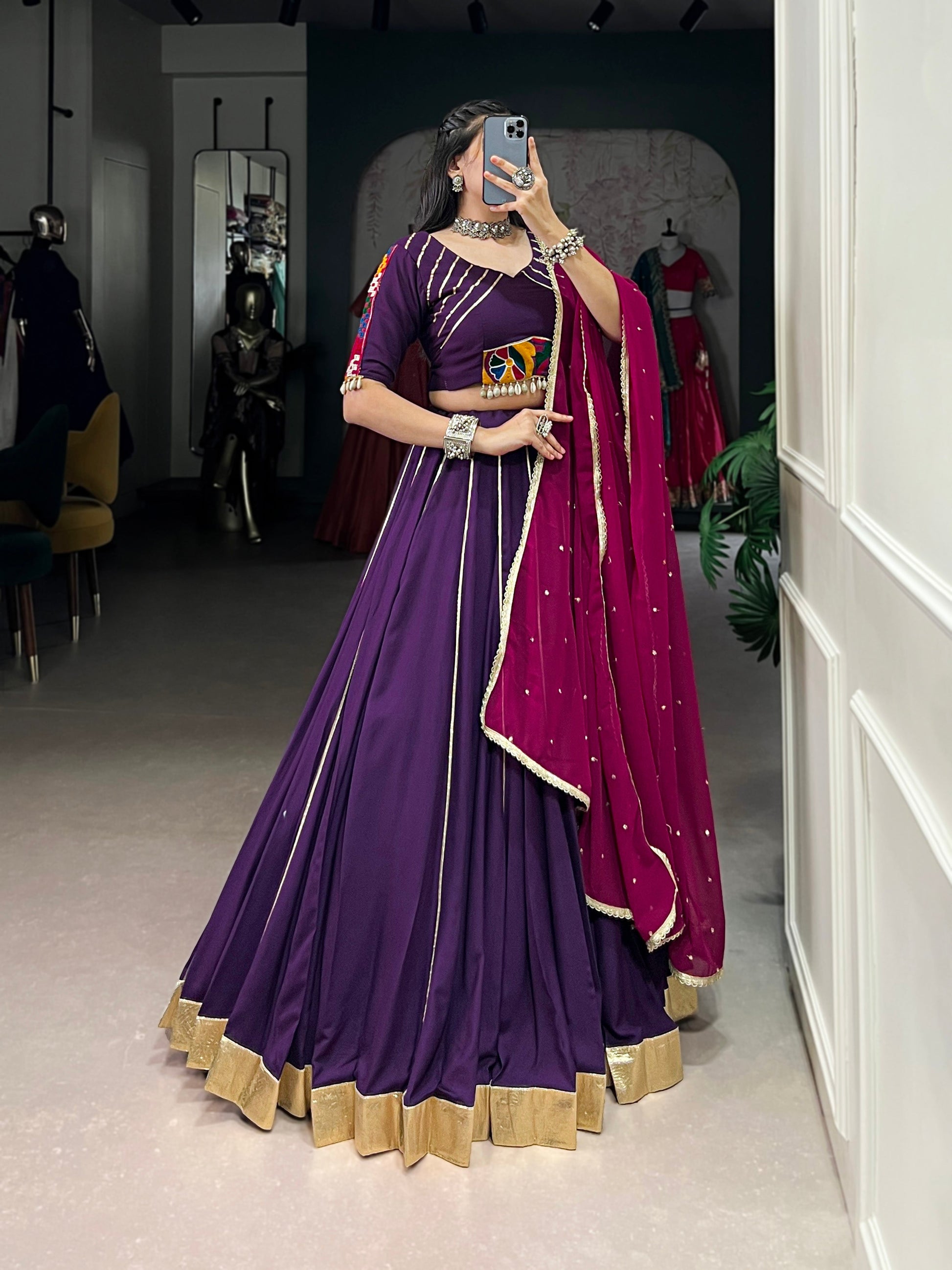Lorenvalley Purple Pure Rayon Embossed Design With Gotta Patti Lace Touch Up Lehenga Choli with Dupatta | Swadesiicart