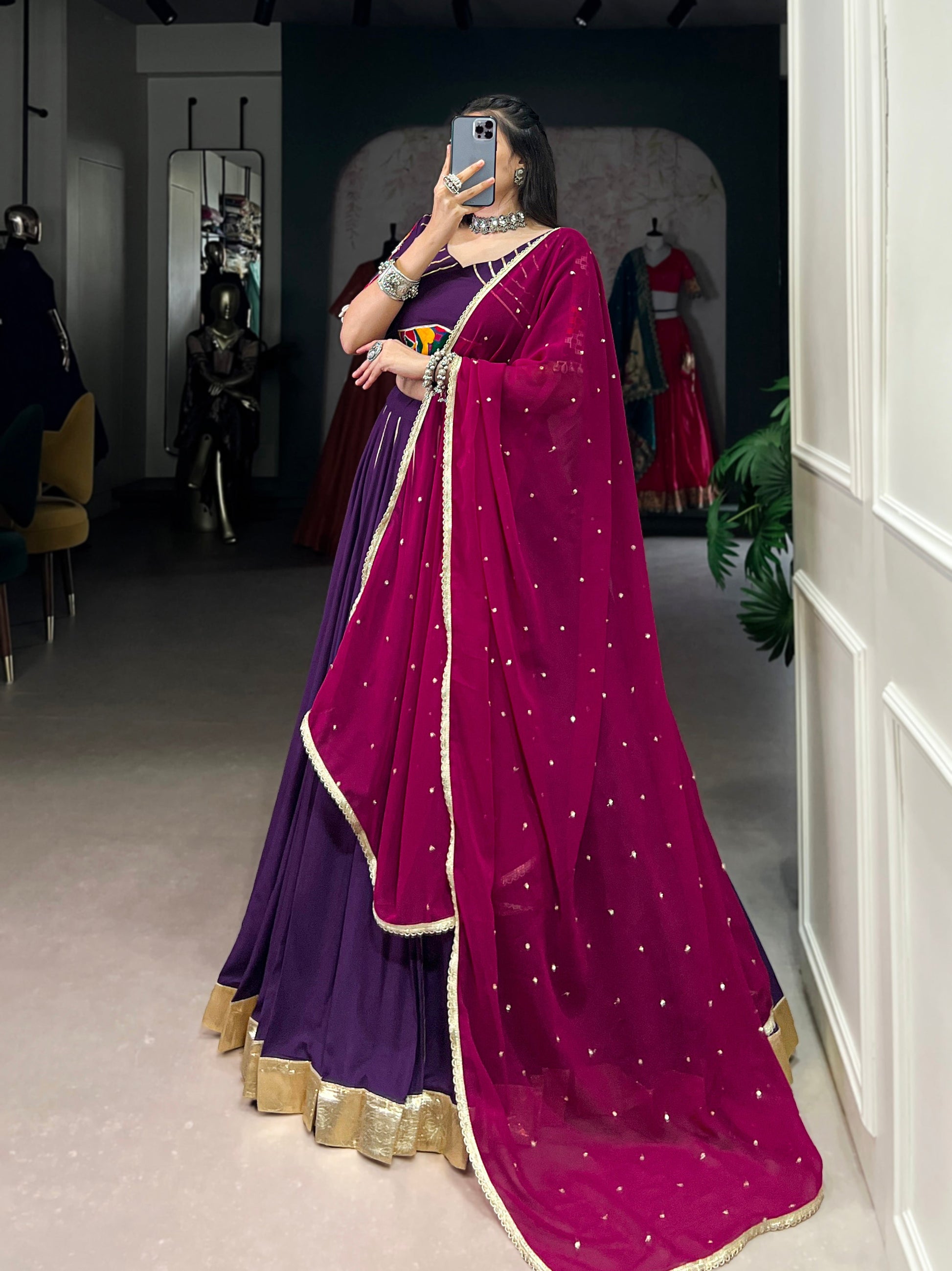 Lorenvalley Purple Pure Rayon Embossed Design With Gotta Patti Lace Touch Up Lehenga Choli with Dupatta | Swadesiicart