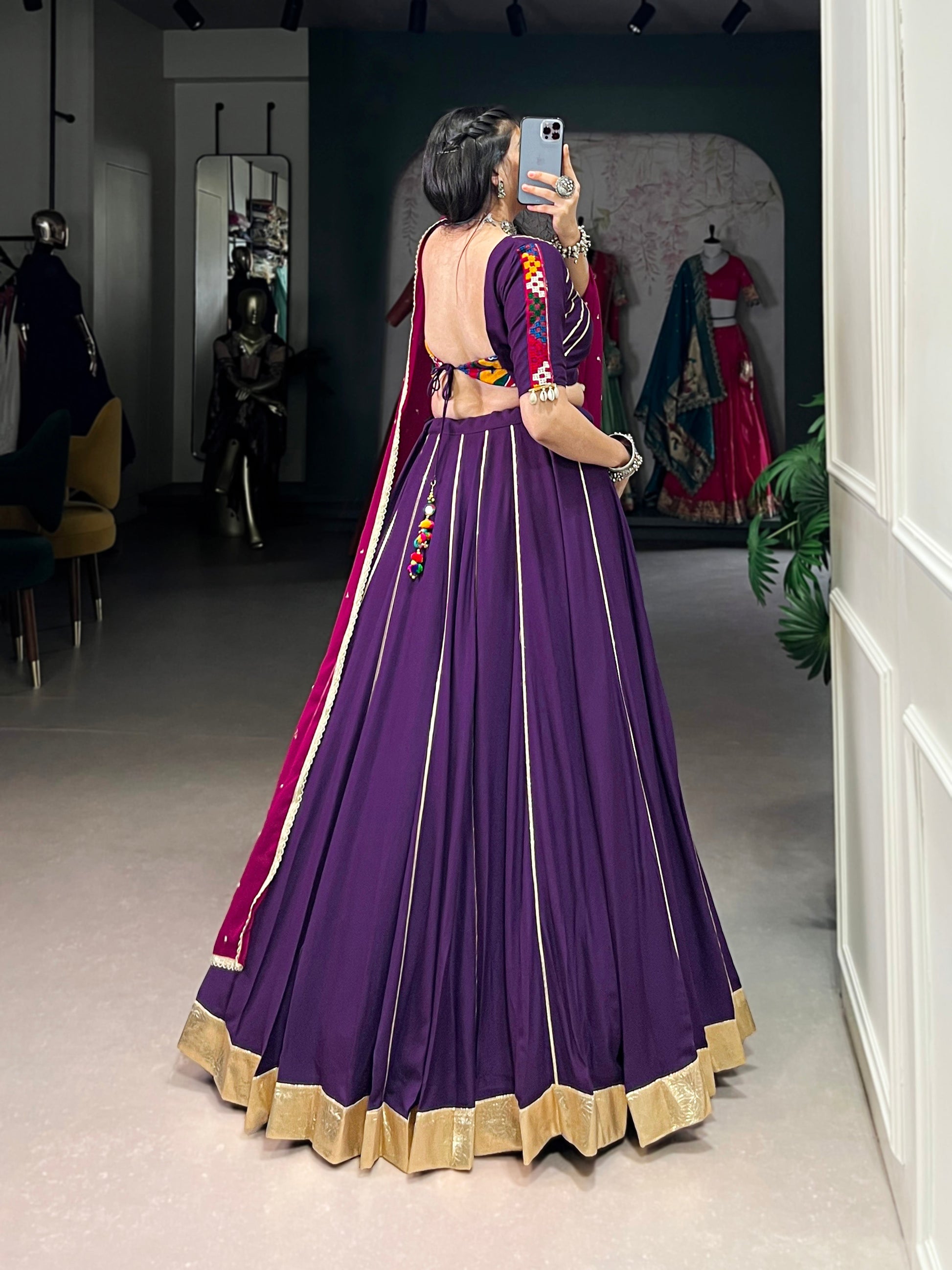 Lorenvalley Purple Pure Rayon Embossed Design With Gotta Patti Lace Touch Up Lehenga Choli with Dupatta | Swadesiicart
